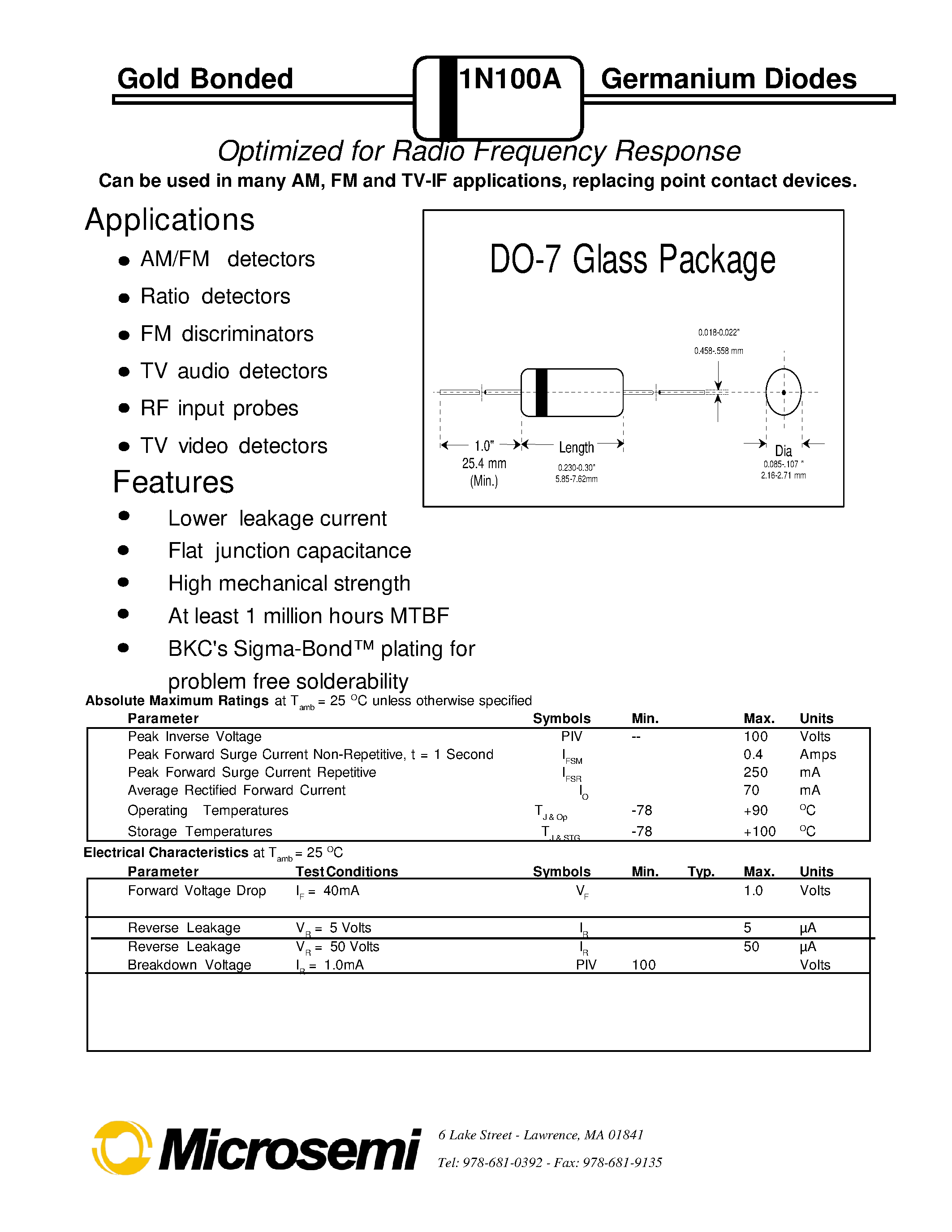 Datasheet 1N100A - Optimized for Radio Frequency Response page 1