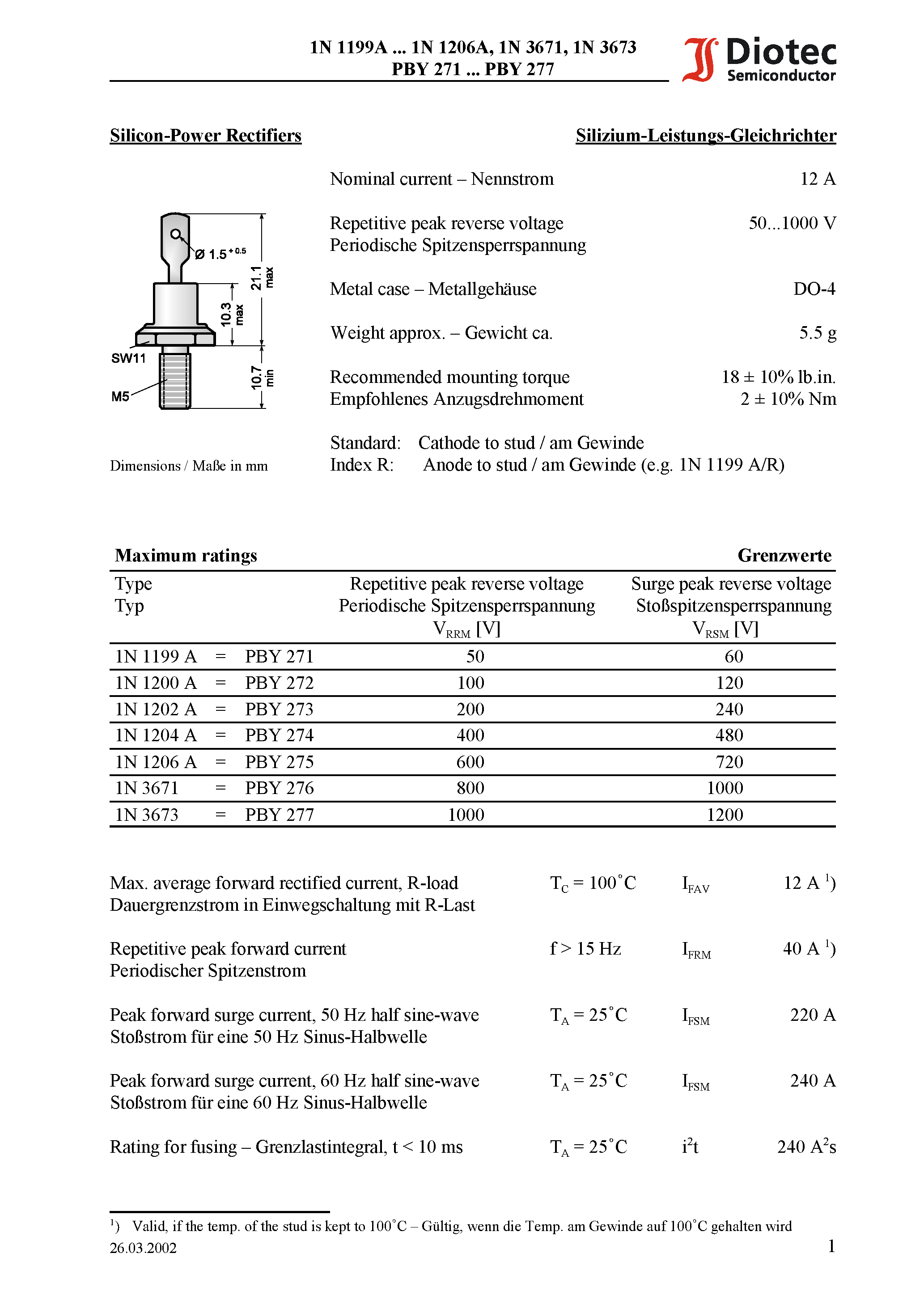 Datasheet 1N1206A page 1 Datasheet 1N1206A - Silicon-Power Rectifiers page 1
