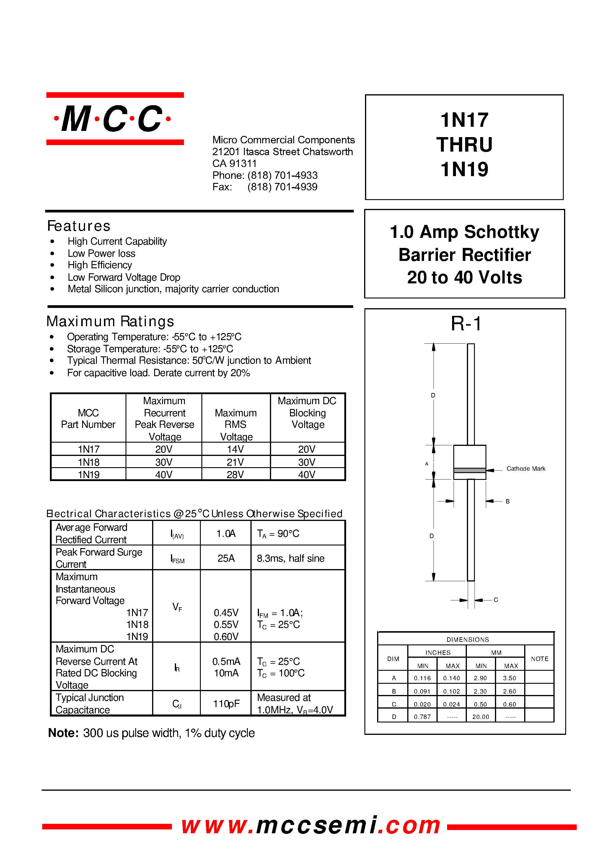 Datasheet 1N19 - 1.0 Amp Schottky Barrier Rectifier 20 to 40 Volts page 1