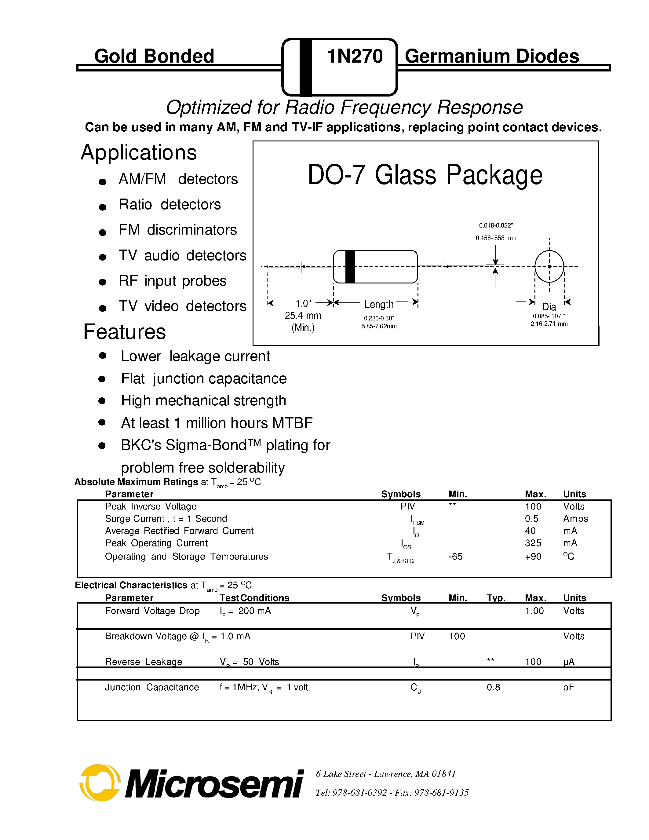 Даташит 1N270 - Optimized for Radio Frequency Response страница 1