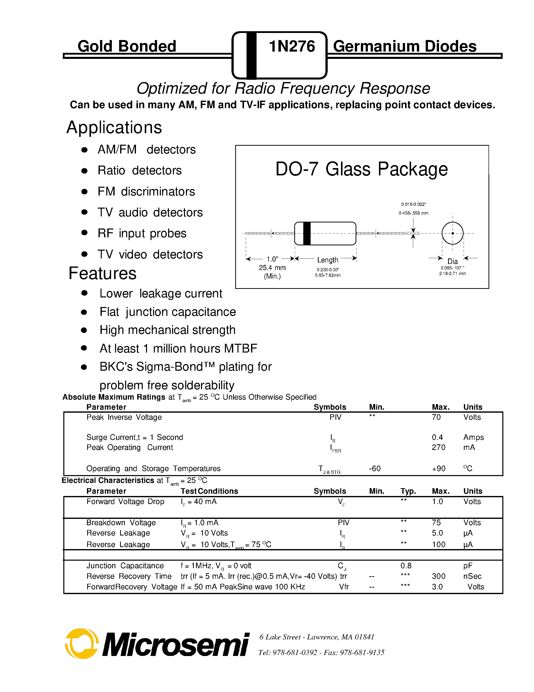 Даташит 1N276 - Optimized for Radio Frequency Response страница 1