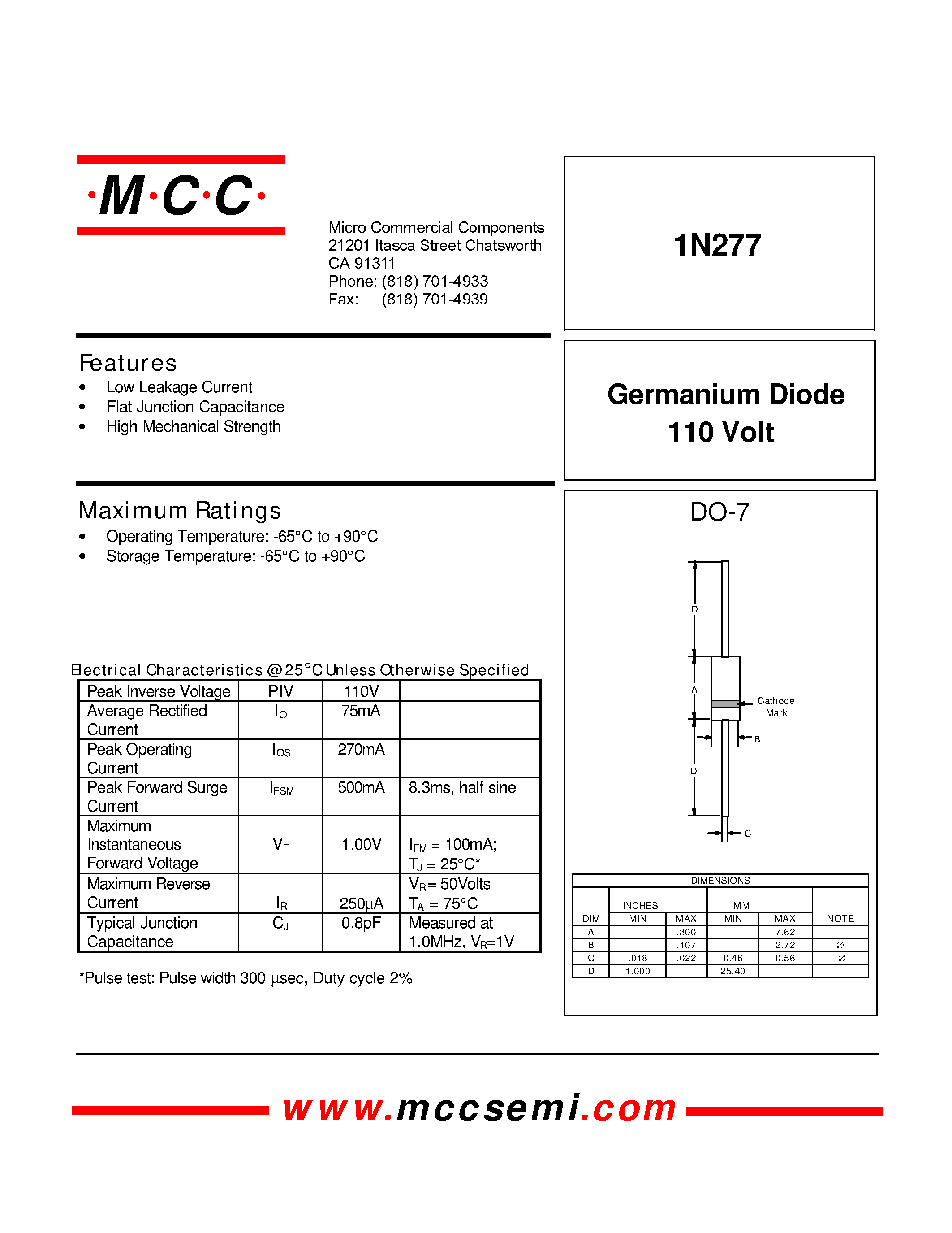 Даташит на микросхему 1N277 страница 1 Даташит 1N277 - 110 Volt Germanium Diode страница 1