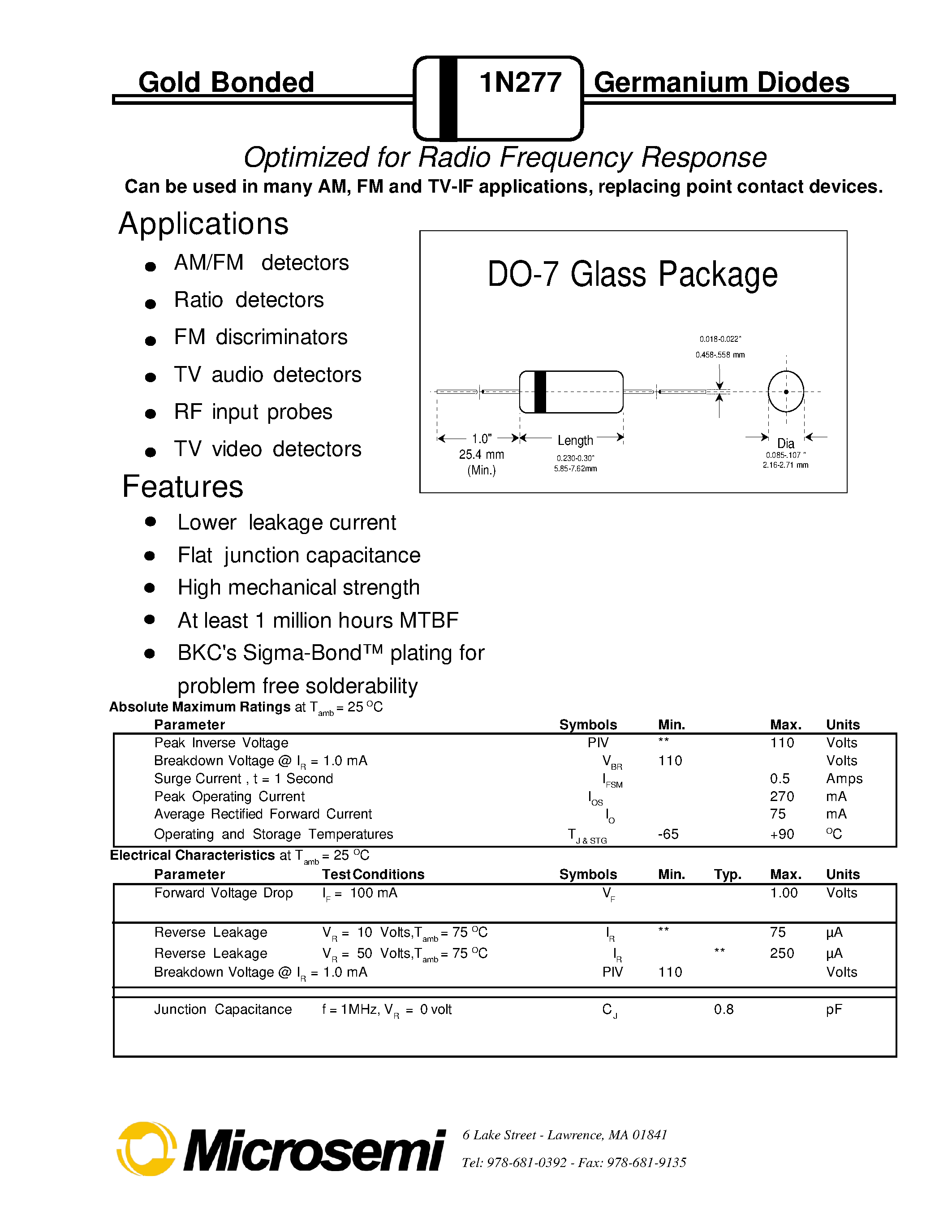 Даташит 1N277 - Optimized for Radio Frequency Response страница 1