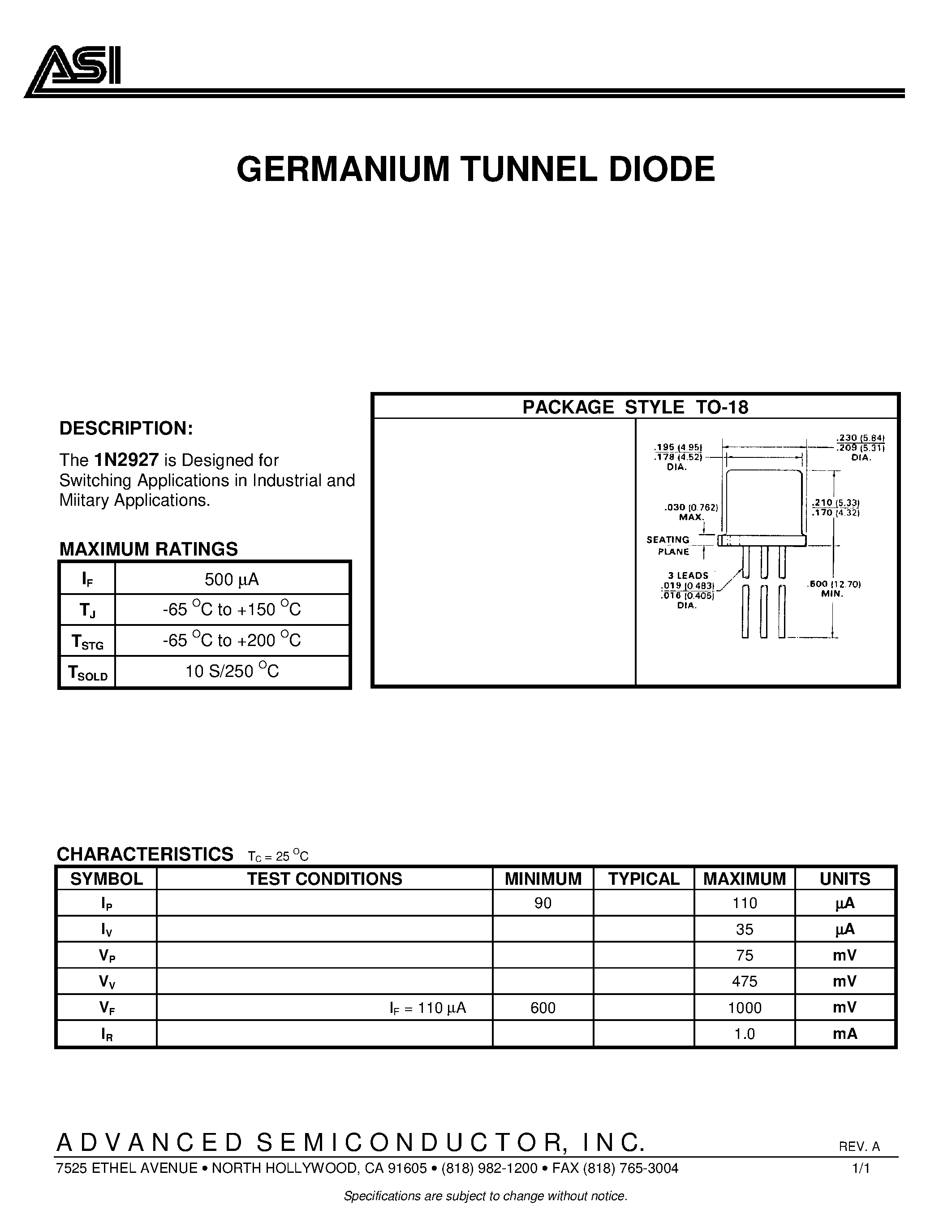Даташит на микросхему 1N2927 страница 1 Даташит 1N2927 - GERMANIUM TUNNEL DIODE страница 1