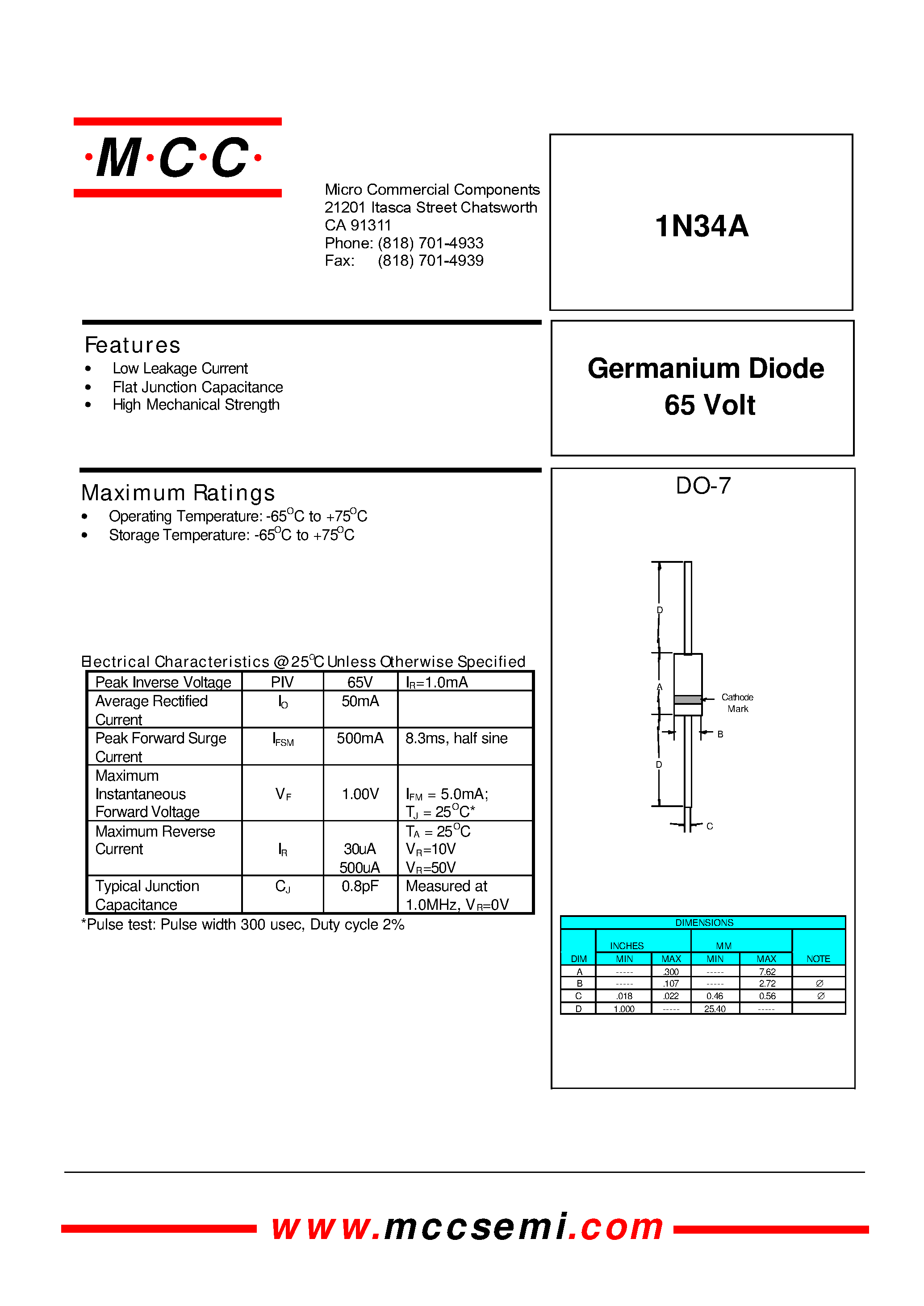 Даташит 1N34A - 65 Volt Germanium Diode страница 1