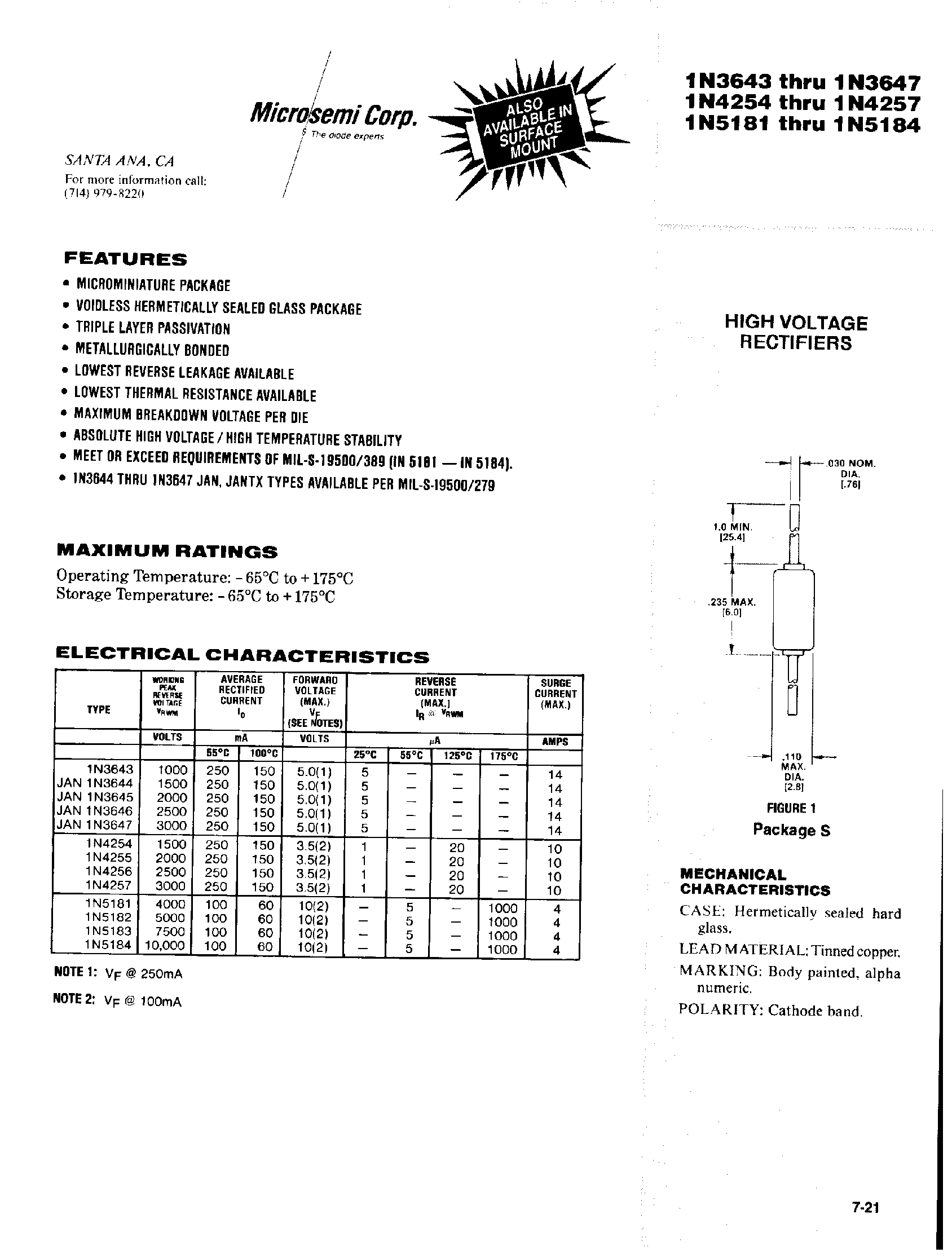Даташит на микросхему 1N3643 страница 1 Даташит 1N3643 - HIGH VOLTAGE RECTIFIERS страница 1