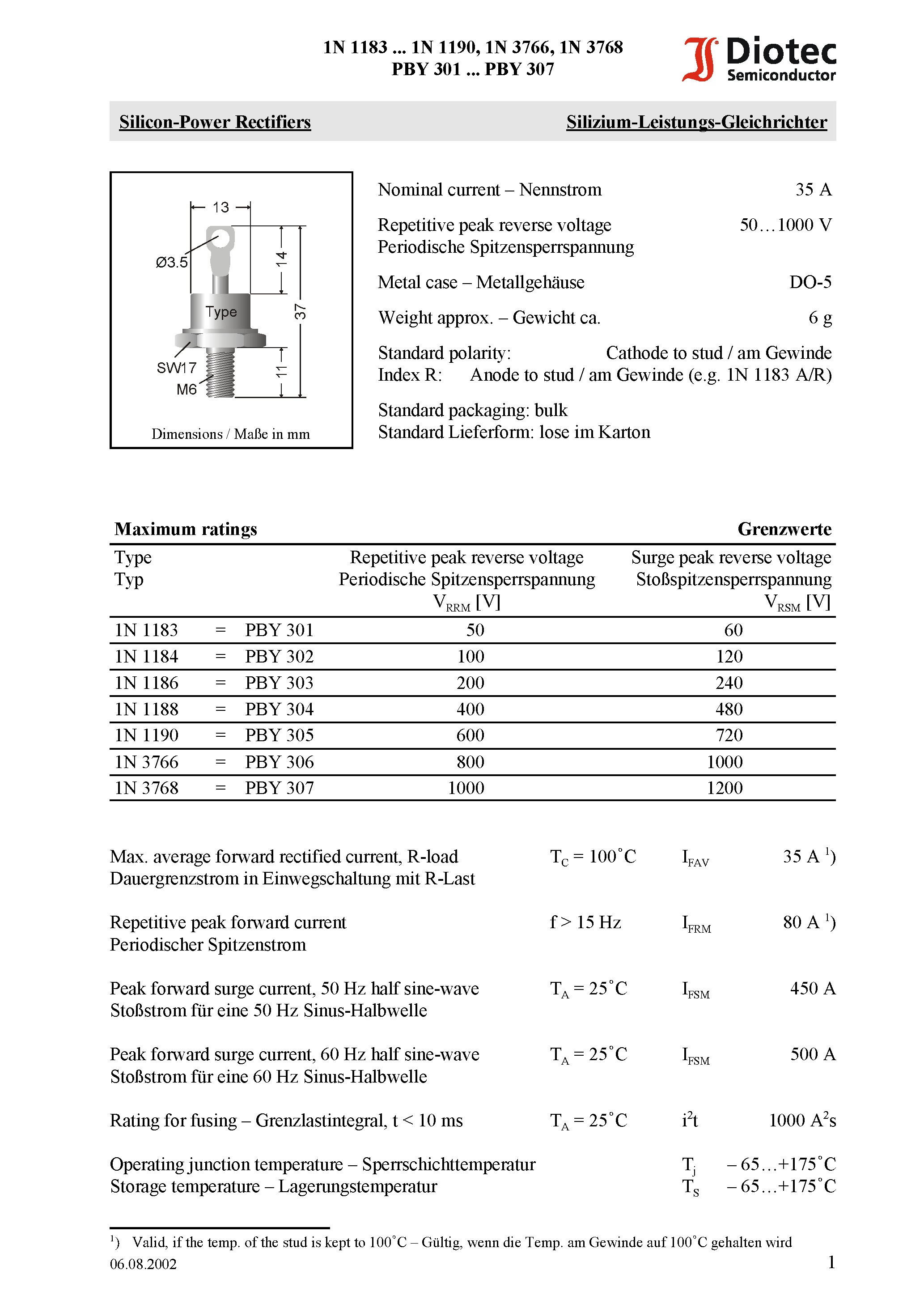 Datasheet 1N3768 page 1 Datasheet 1N3768 - Silicon-Power Rectifiers page 1
