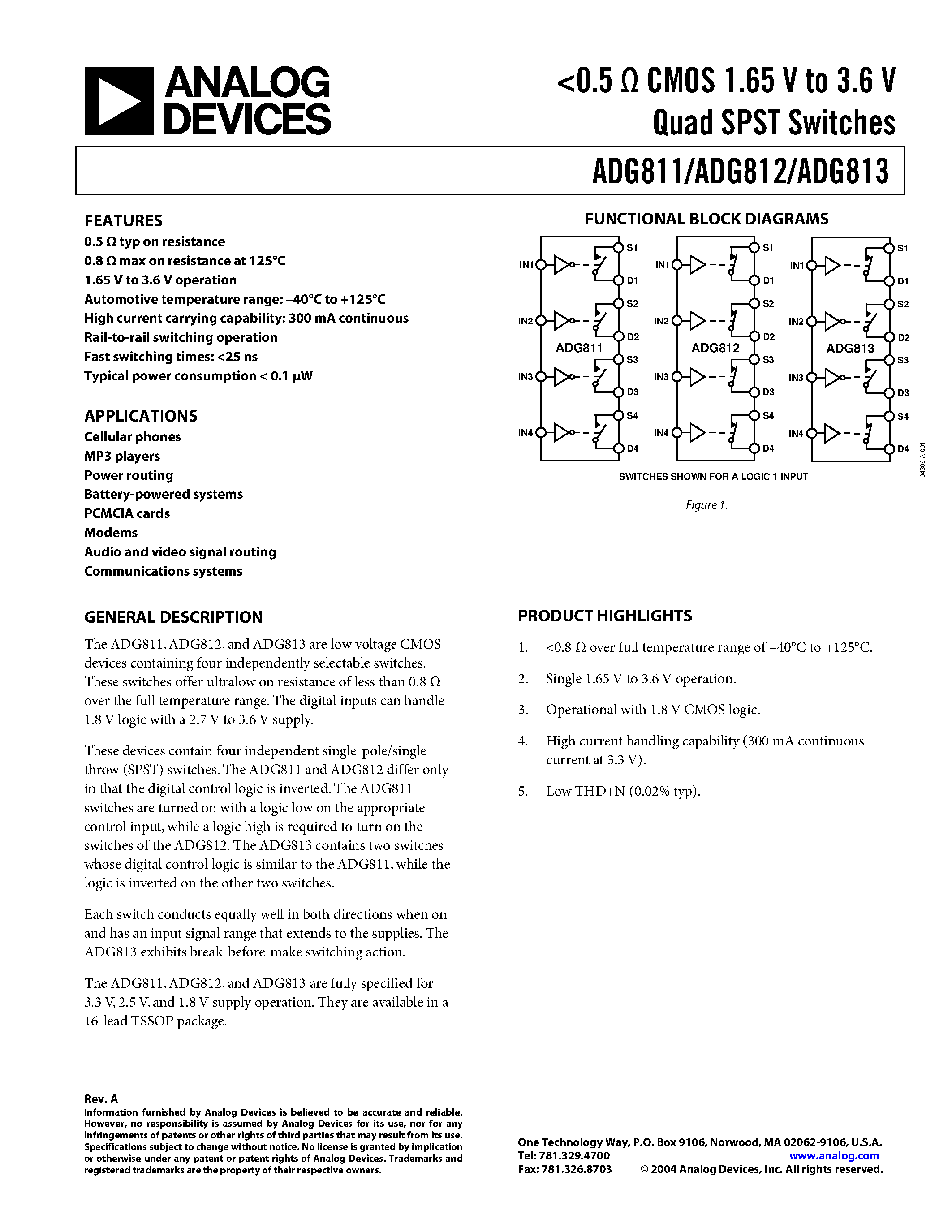 Datasheet ADG811YRU-REEL - 0.5 CMOS 1.65 V to 3.6 V Quad SPST Switches page 1