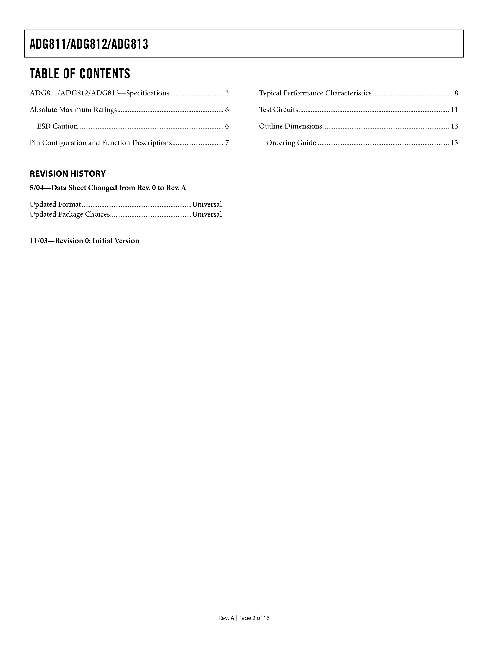 Datasheet ADG811YRU-REEL - 0.5 CMOS 1.65 V to 3.6 V Quad SPST Switches page 2