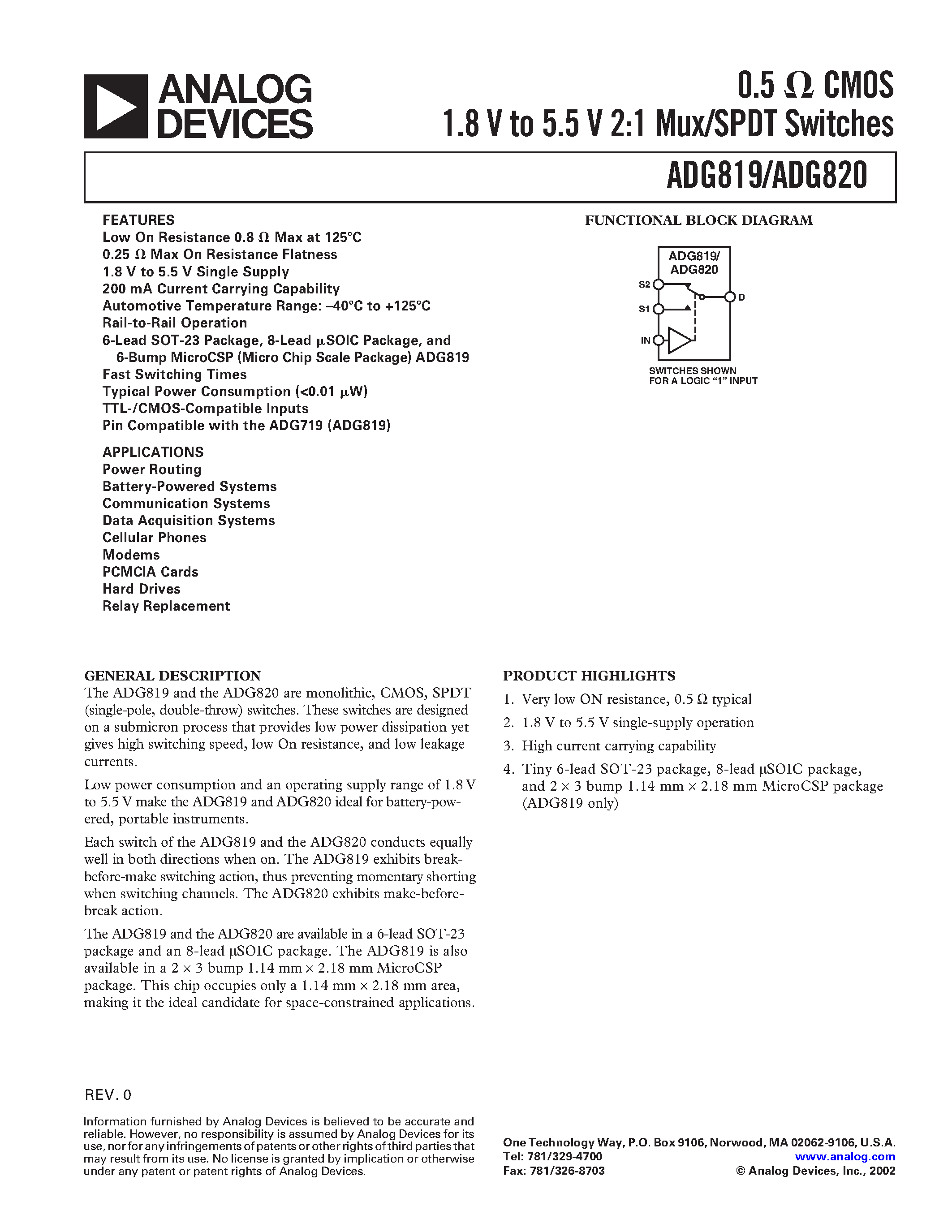 Datasheet ADG820BRM - 0.5 OHM CMOS 1.8 V to 5.5 V 2:1 Mux/SPDT Switches page 1