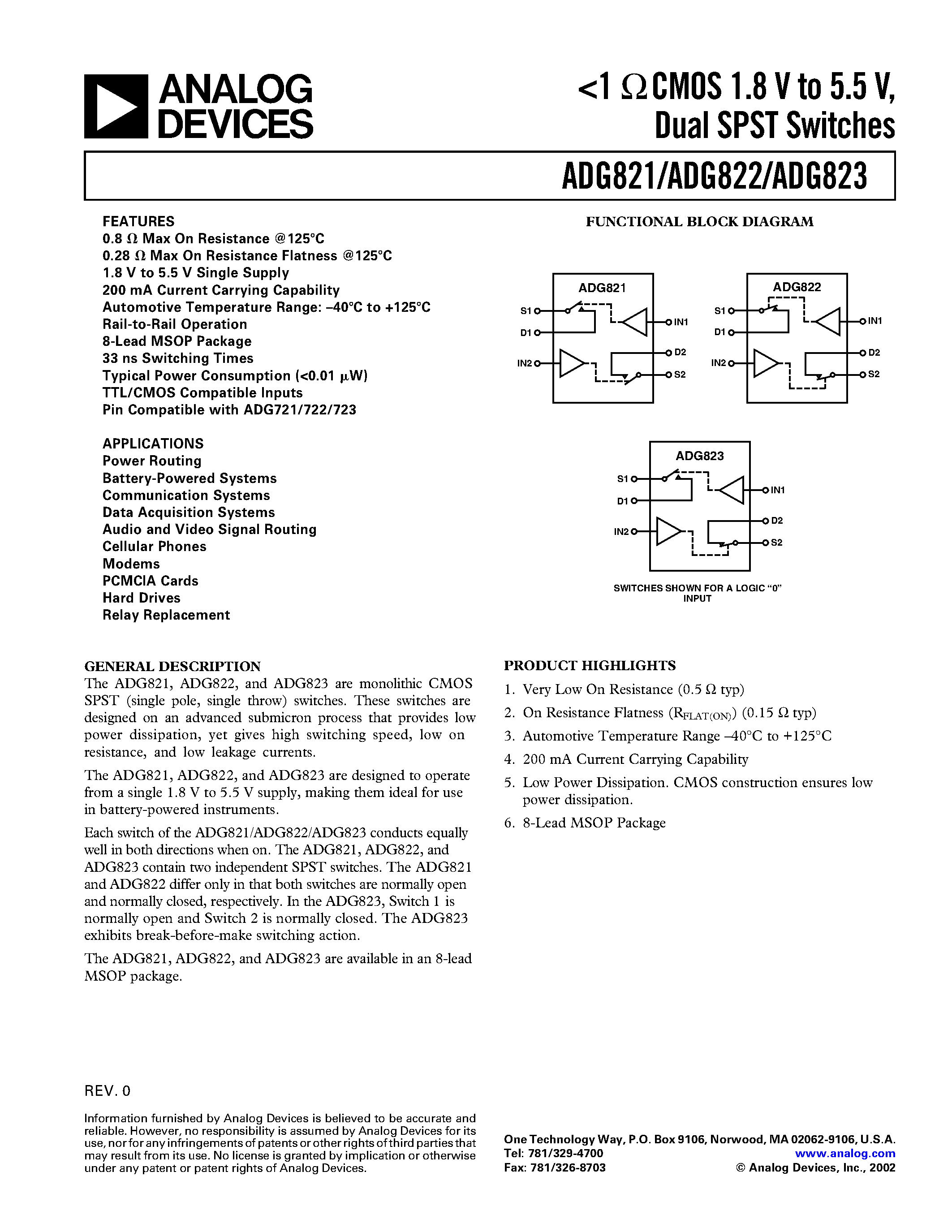 Datasheet ADG821 page 1 Datasheet ADG821 - <1 CMOS 1.8 V to 5.5 V/ Dual SPST Switches page 1