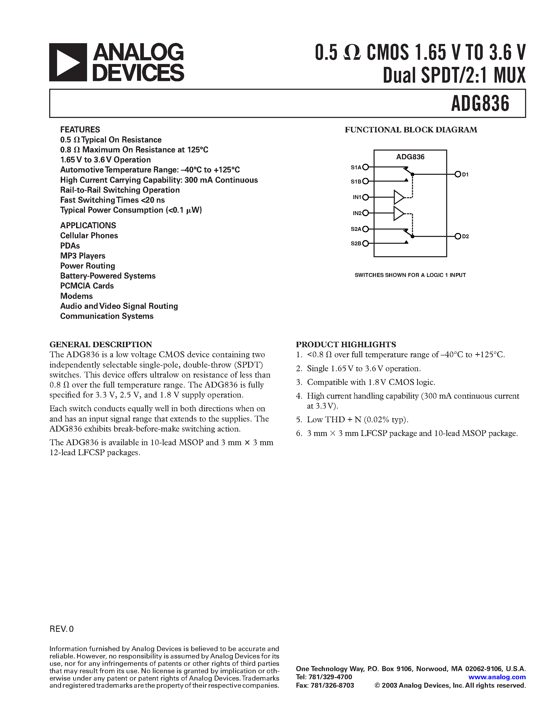 Datasheet ADG836 - 0.5CMOS 1.65 V TO 3.6 V Dual SPDT/2:1 MUX page 1