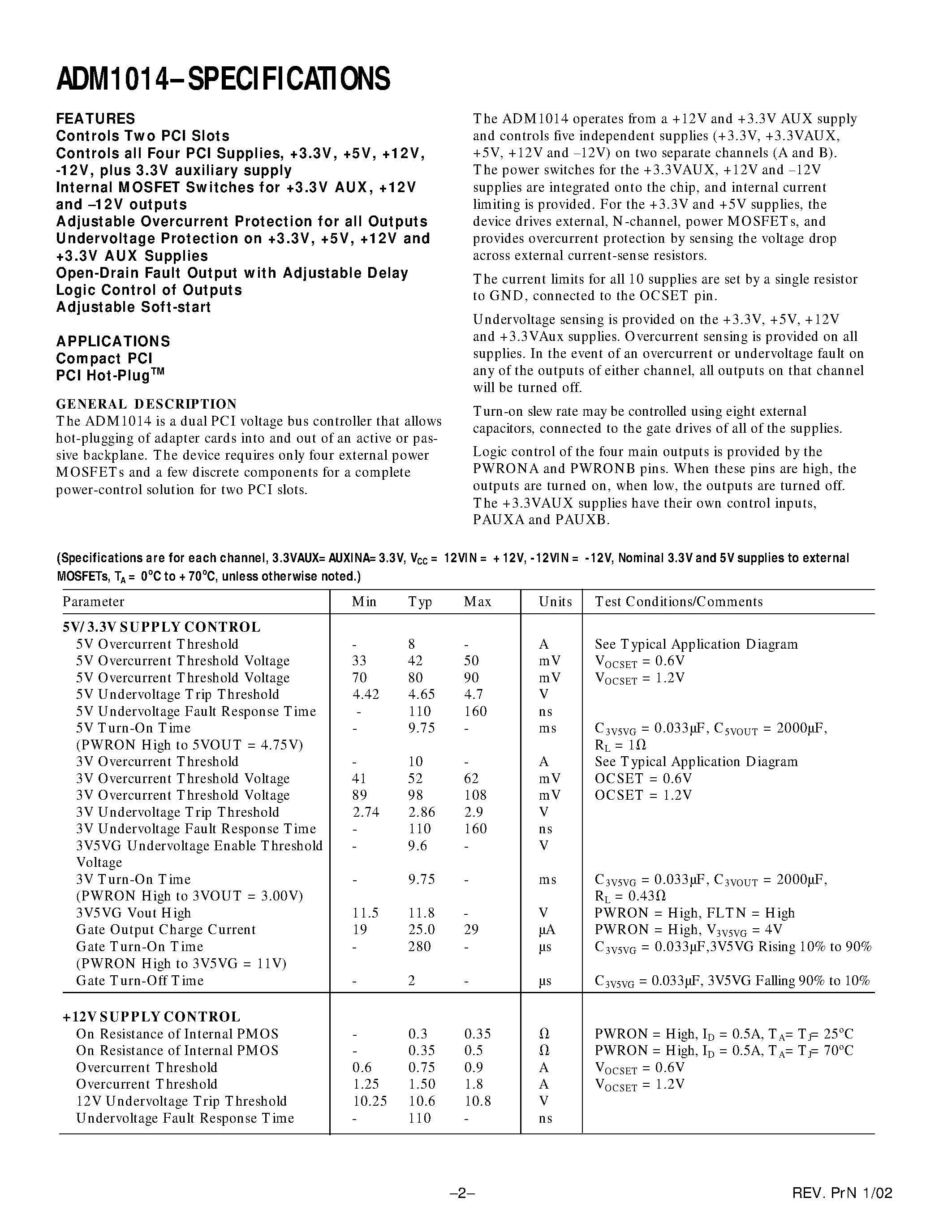 Datasheet ADM1014 page 2 Datasheet ADM1014 - Dual PCI Hot-PlugTM Controller page 2