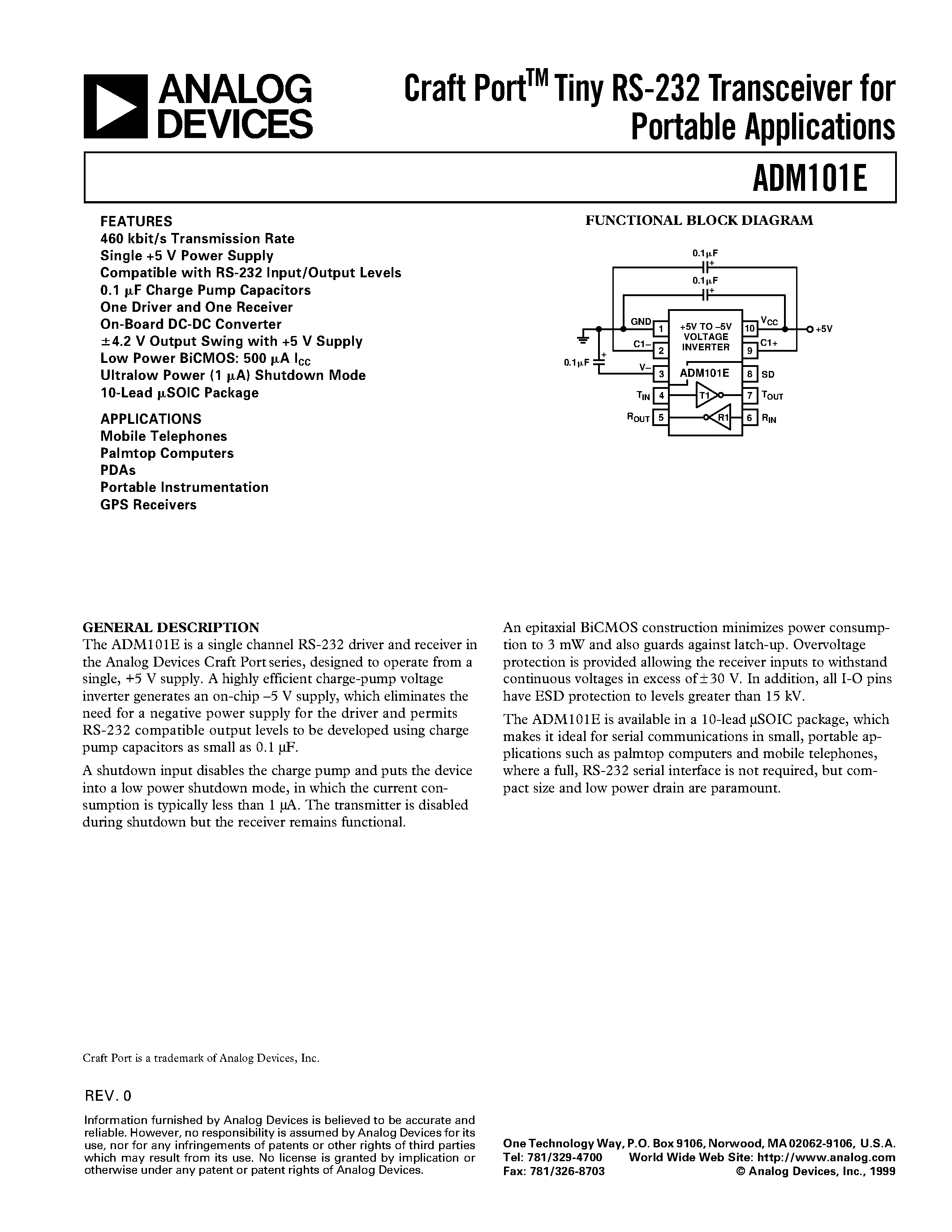 Даташит ADM101E - Craft PortTM Tiny RS-232 Transceiver for Portable Applications страница 1