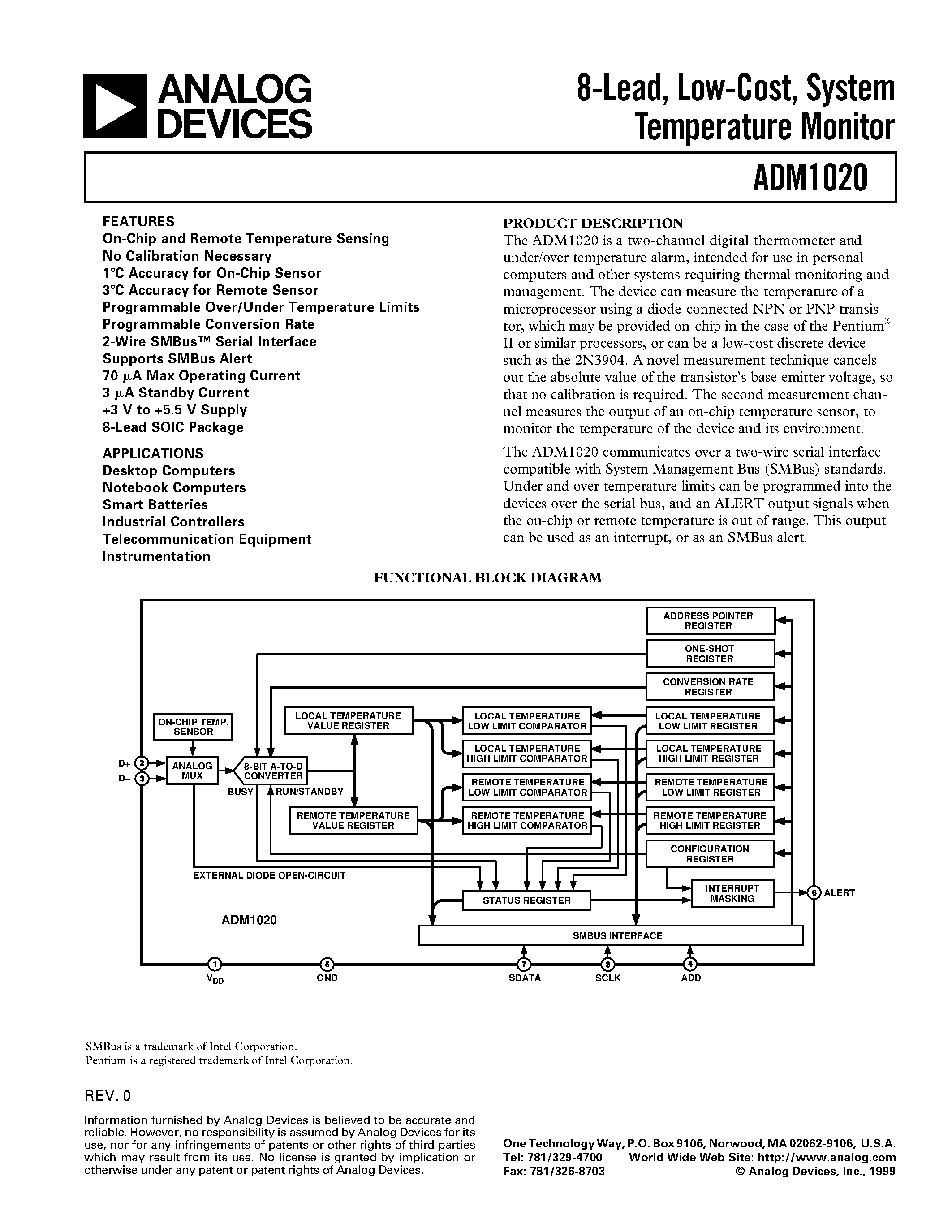 Datasheet ADM1020 - 8-Lead/ Low-Cost/ System Temperature Monitor page 1