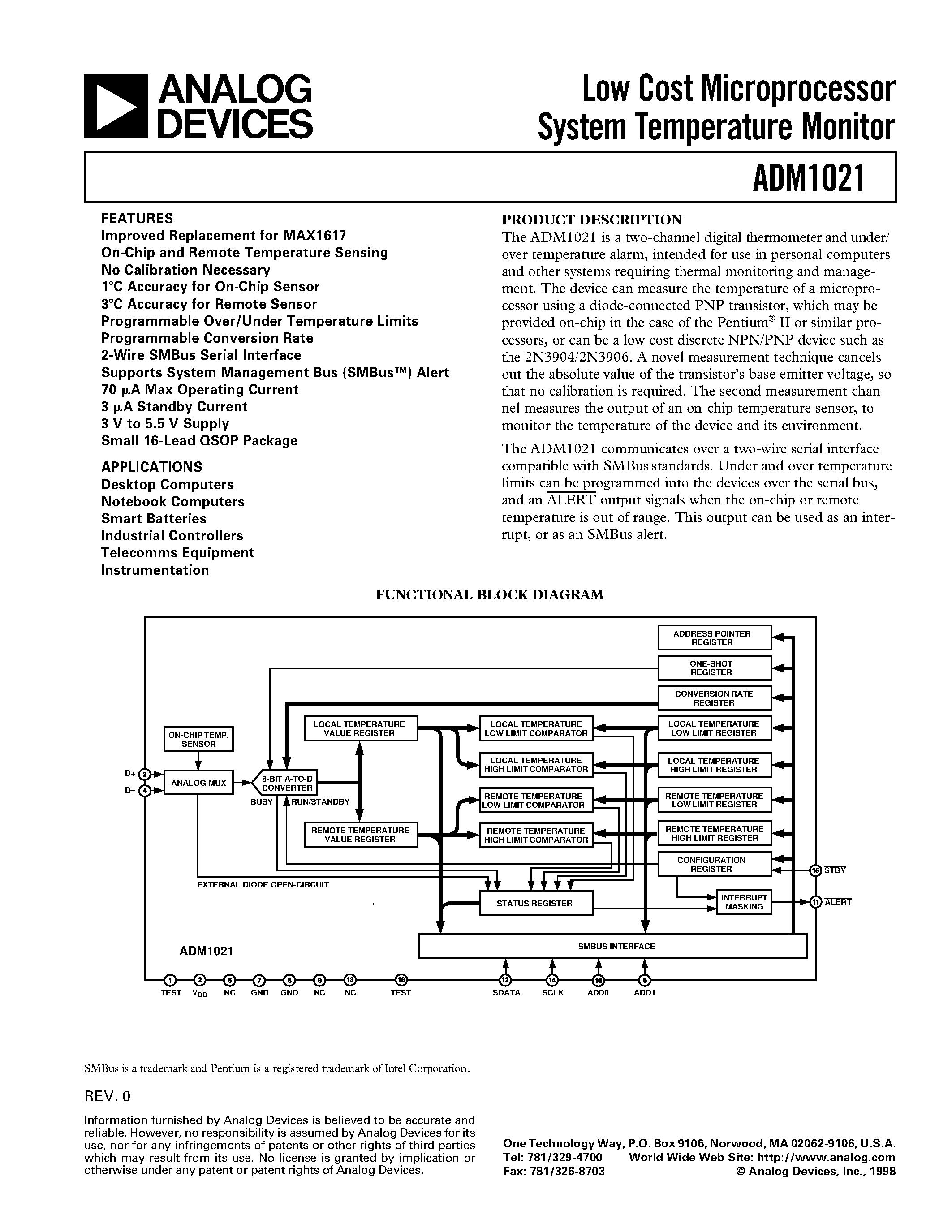 Datasheet ADM1021 - Low Cost Microprocessor System Temperature Monitor page 1
