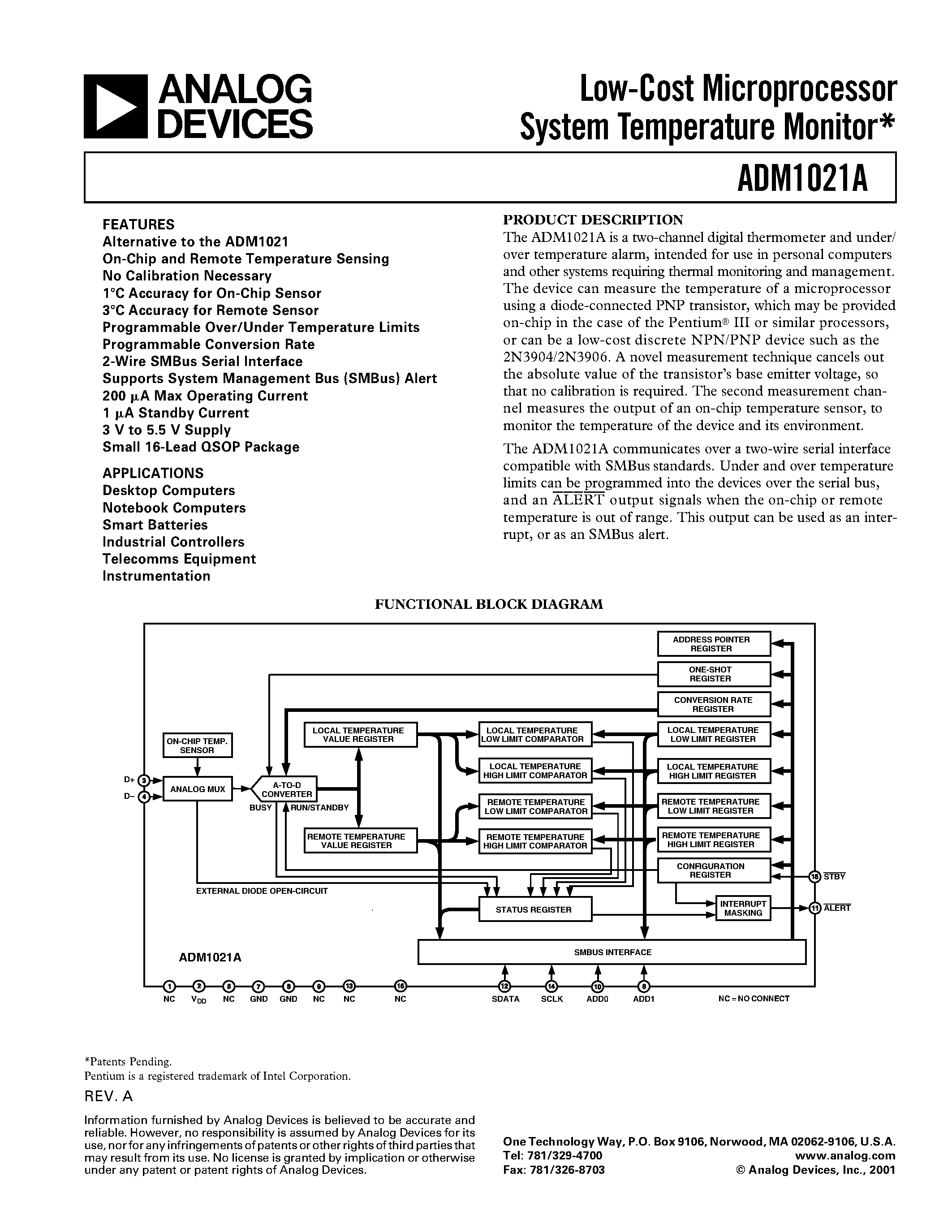 Datasheet ADM1021A - Low-Cost Microprocessor System Temperature Monitor page 1