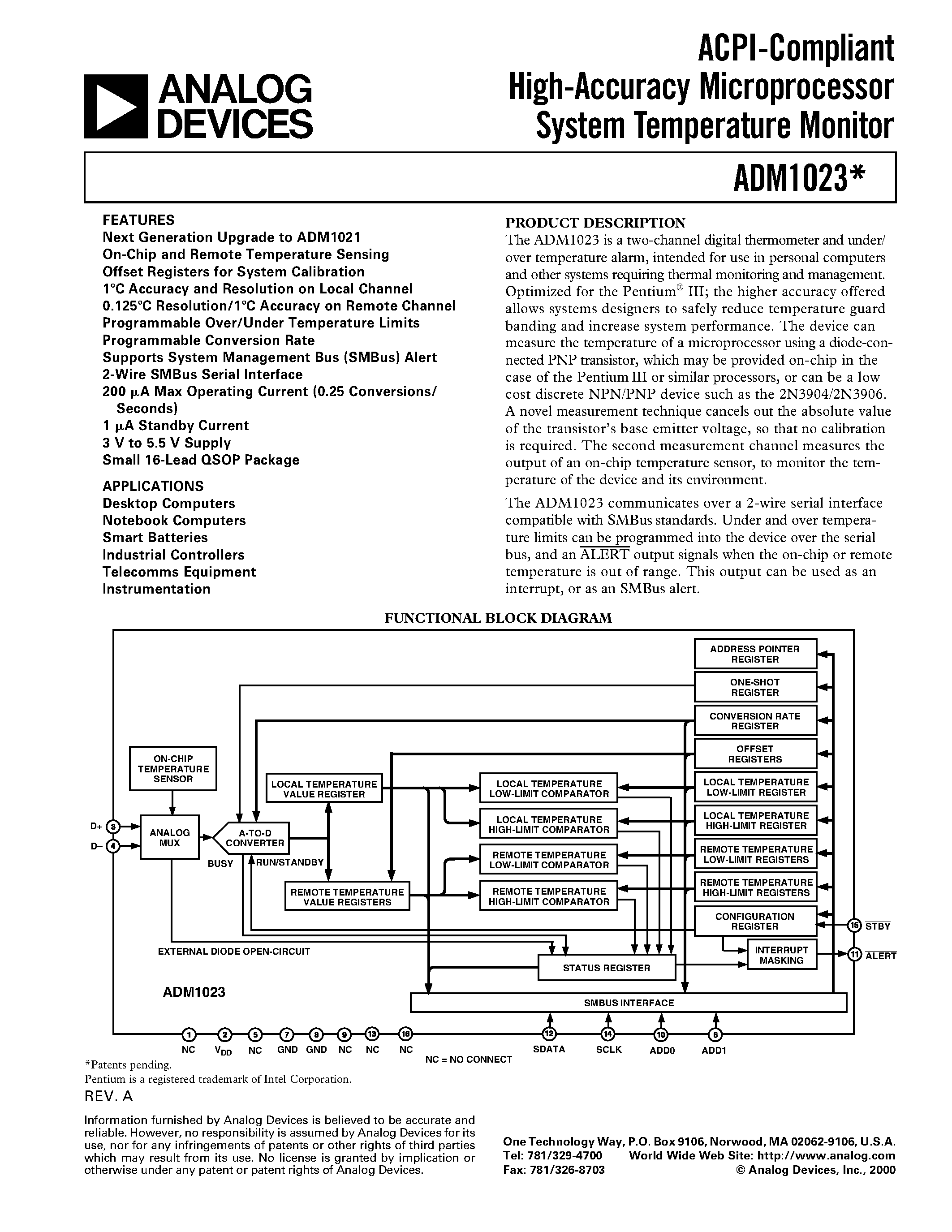 Datasheet ADM1023ARQ - ACPI-Compliant High-Accuracy Microprocessor System Temperature Monitor page 1