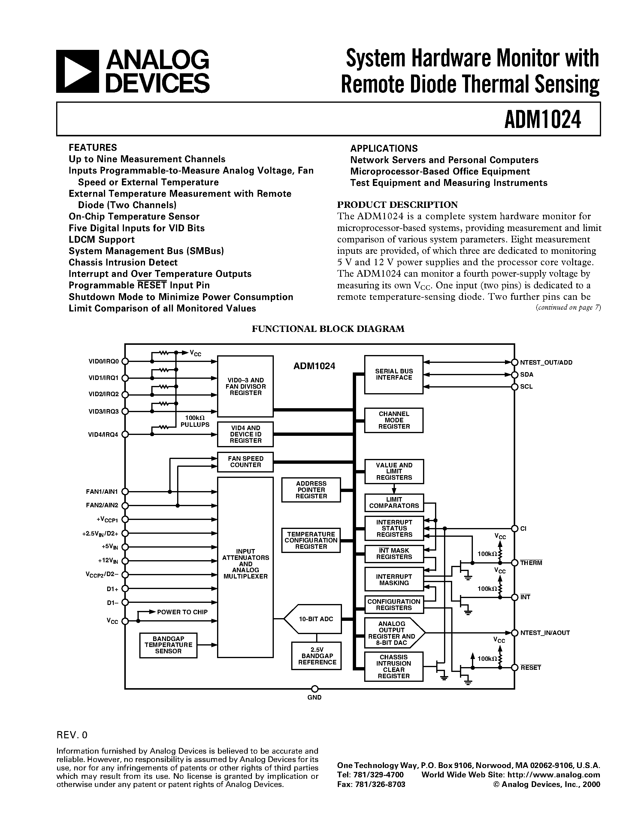 Datasheet ADM1024 - System Hardware Monitor with Remote Diode Thermal Sensing page 1