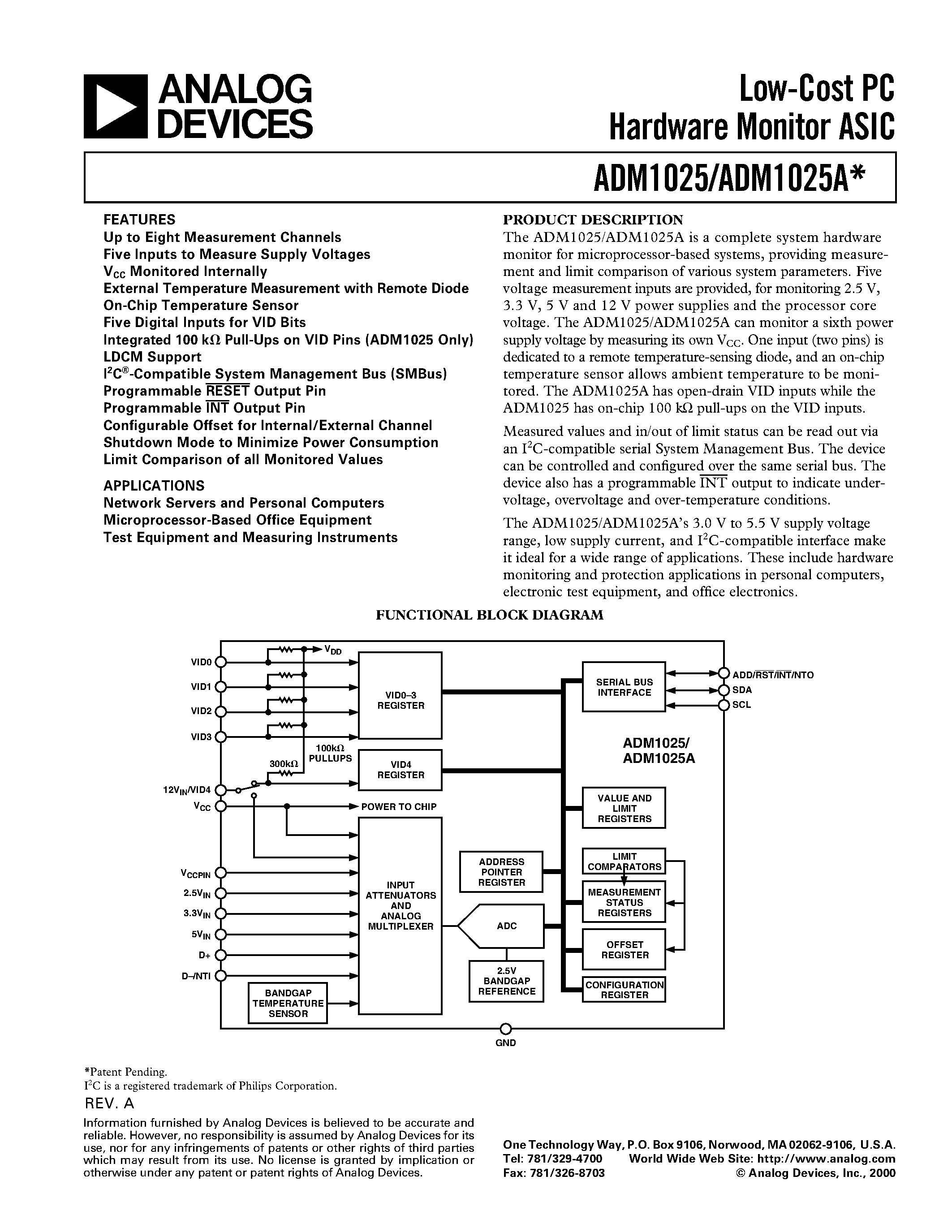 Datasheet ADM1025ARQ - Low-Cost PC Hardware Monitor ASIC page 1