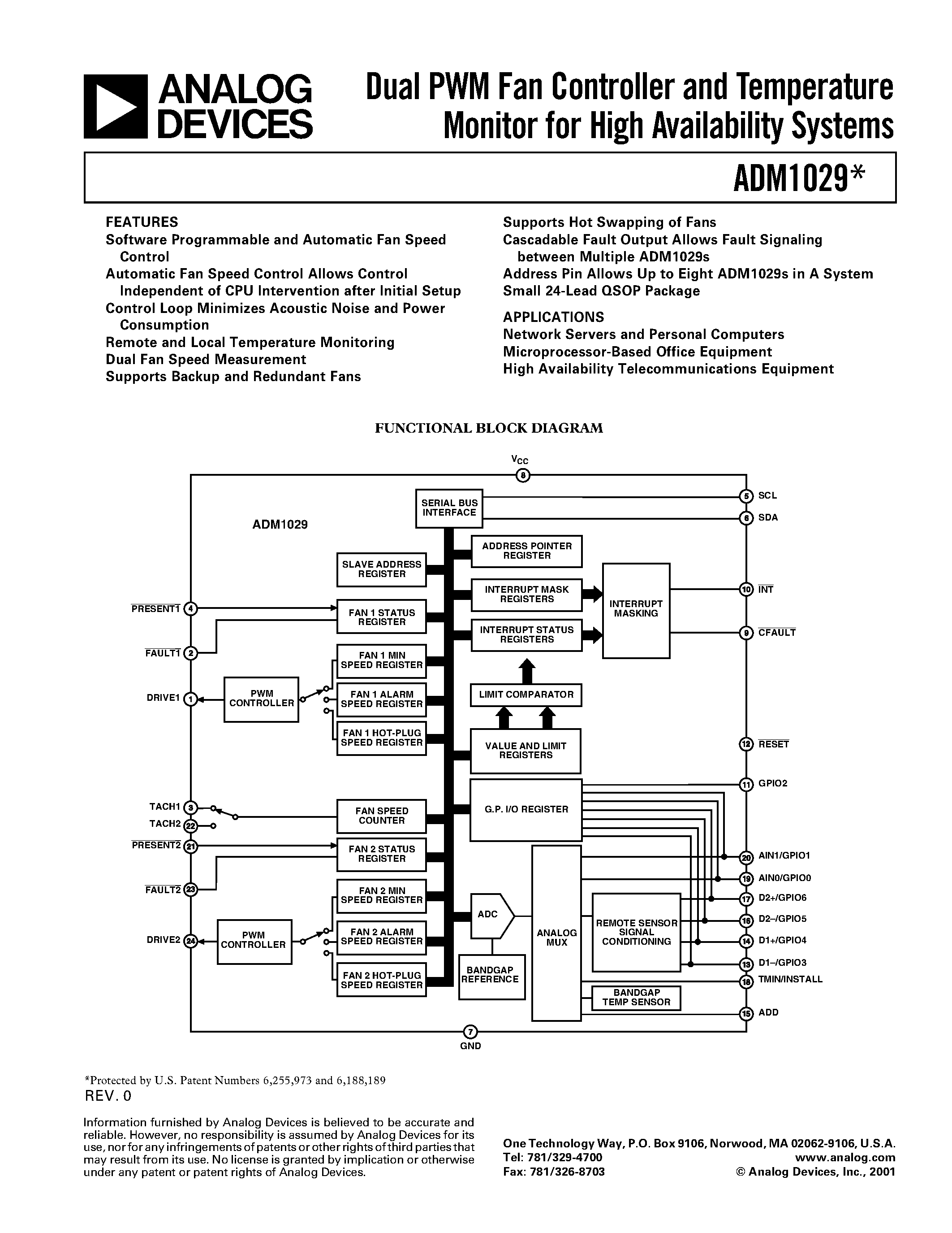 Datasheet ADM1029ARQ - Dual PWM Fan Controller and Temperature Monitor for High Availability Systems page 1
