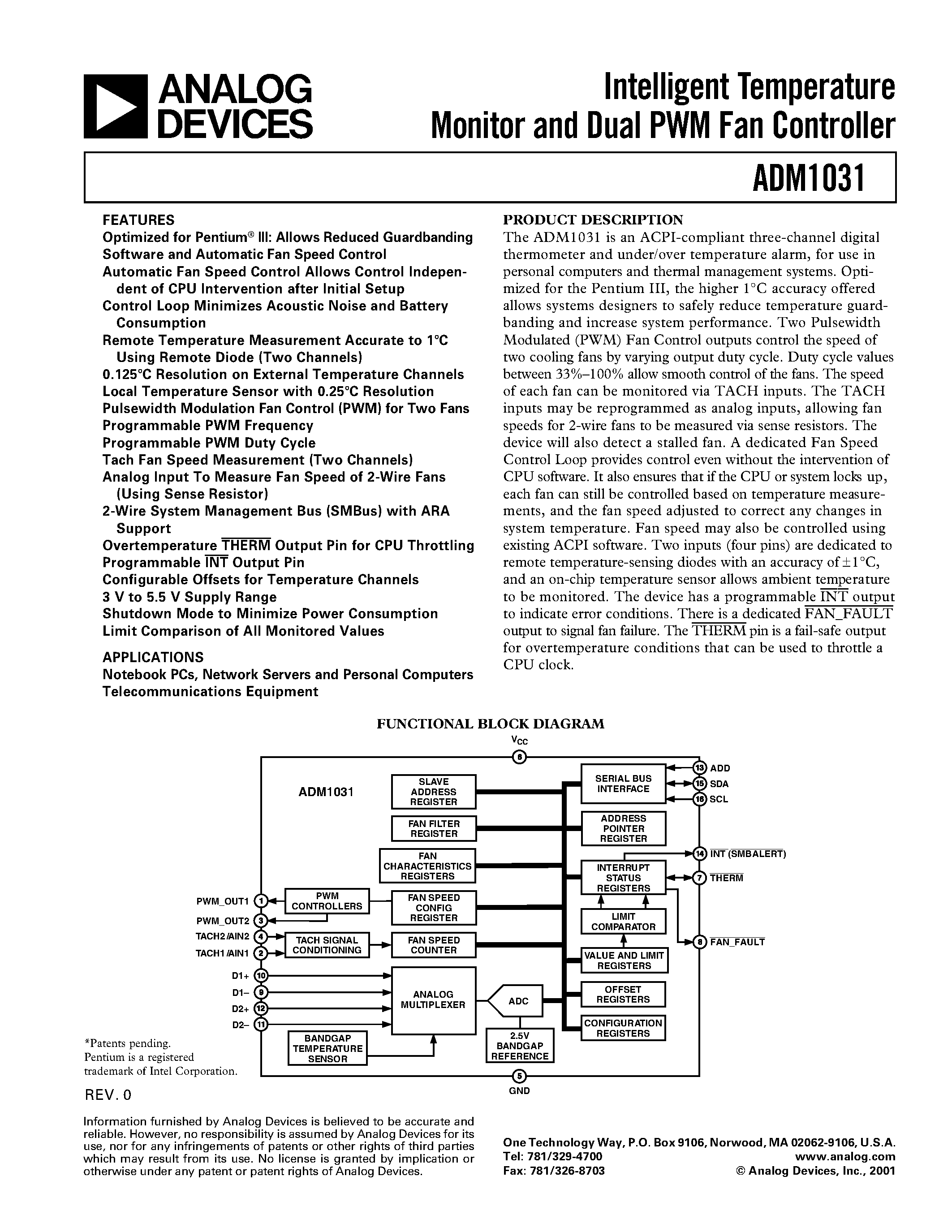 Datasheet ADM1031ARQ - Intelligent Temperature Monitor and Dual PWM Fan Controller page 1