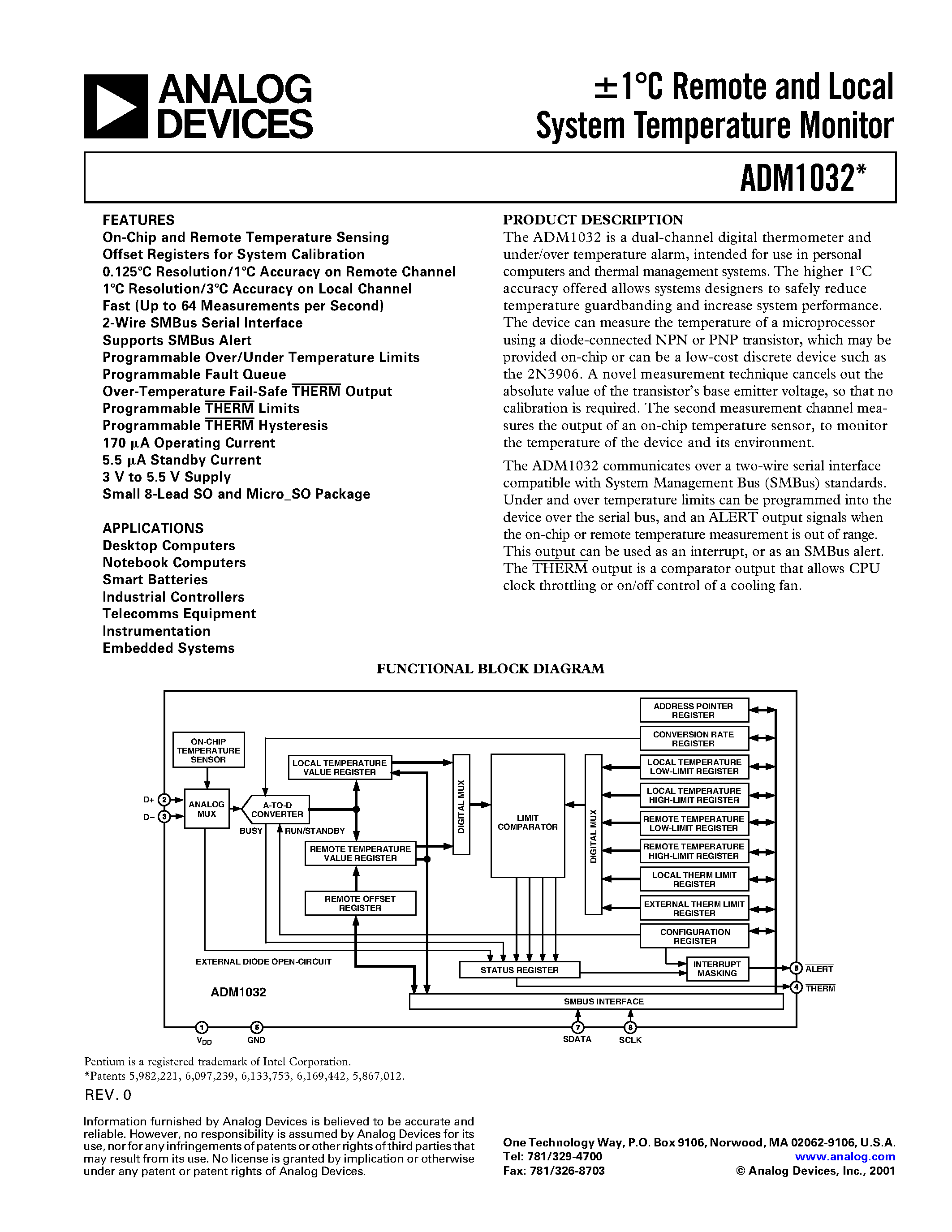 Даташит на микросхему ADM1032 страница 1 Даташит ADM1032 - +-1C Remote and Local System Temperature Monitor страница 1