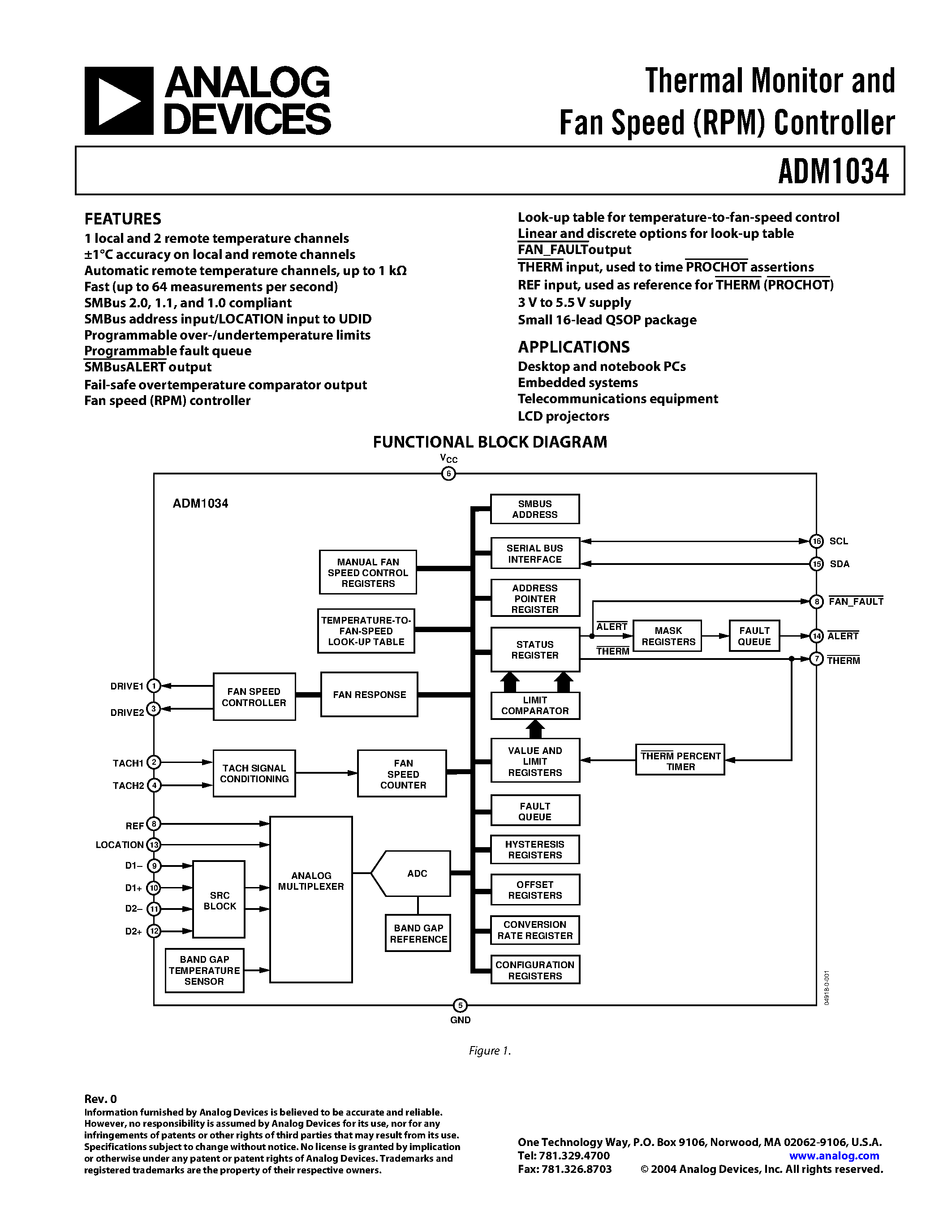 Datasheet ADM1034 page 1 Datasheet ADM1034 - Thermal Monitor and Fan Speed (RPM) Controller page 1