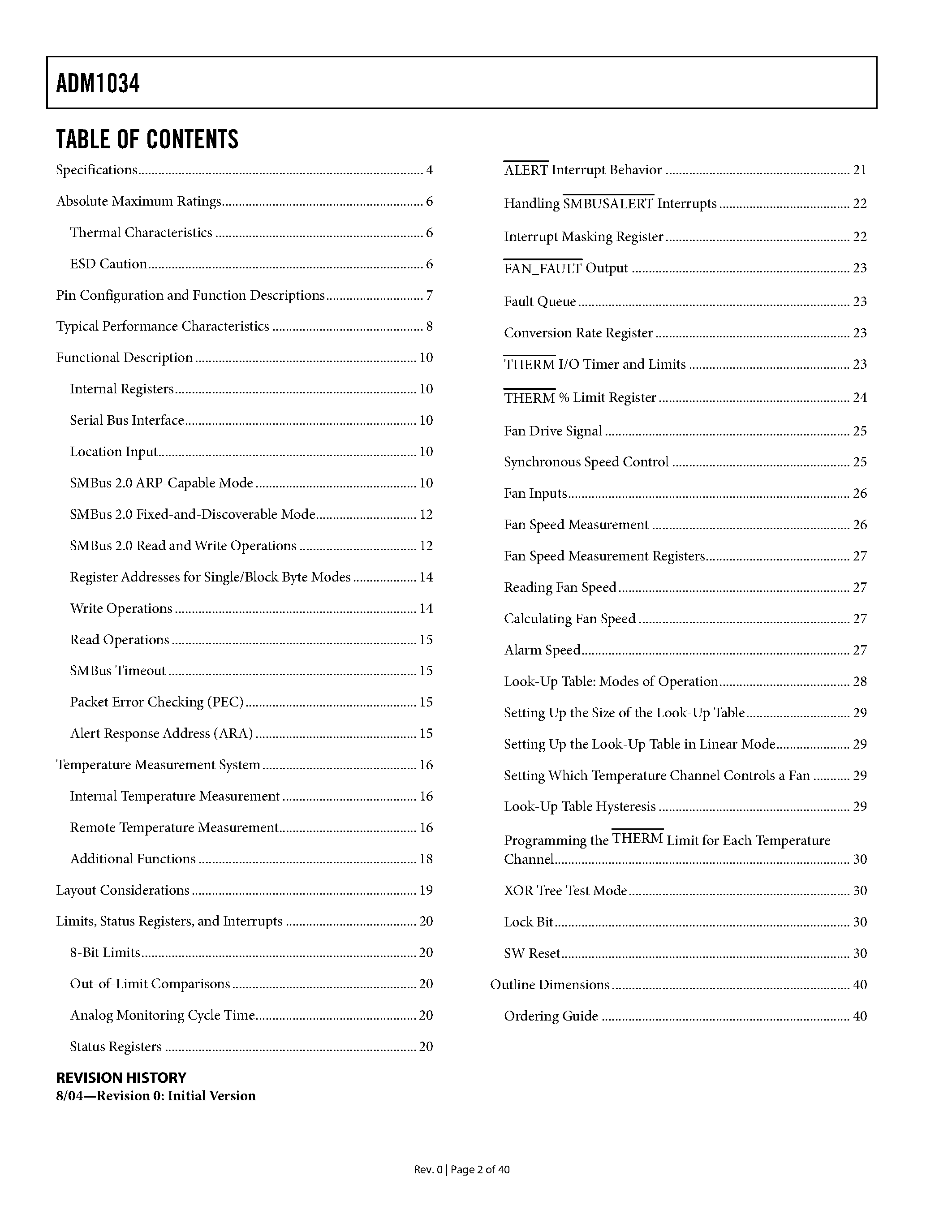Datasheet ADM1034 page 2 Datasheet ADM1034 - Thermal Monitor and Fan Speed (RPM) Controller page 2