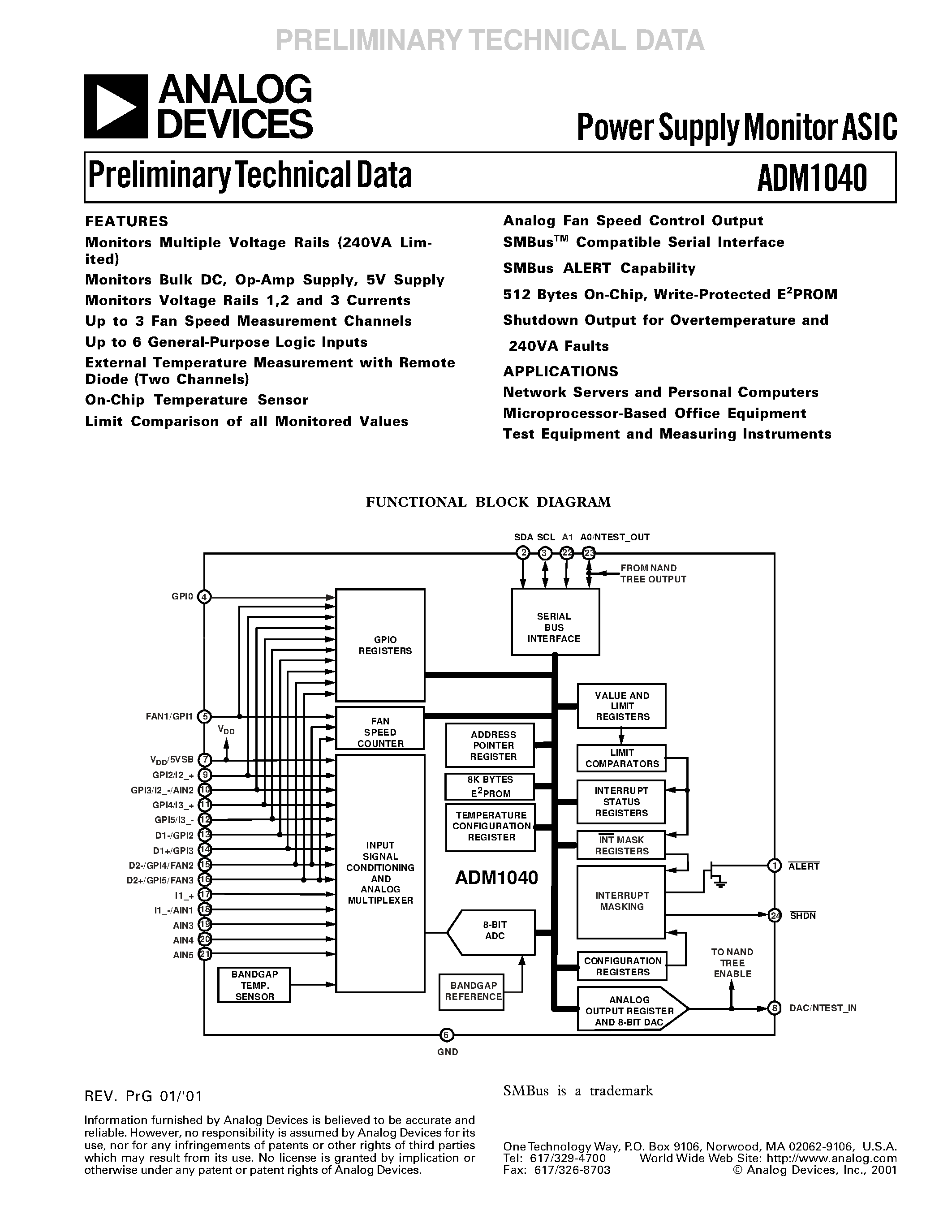Datasheet ADM1040 - Power Supply Monitor ASIC page 1