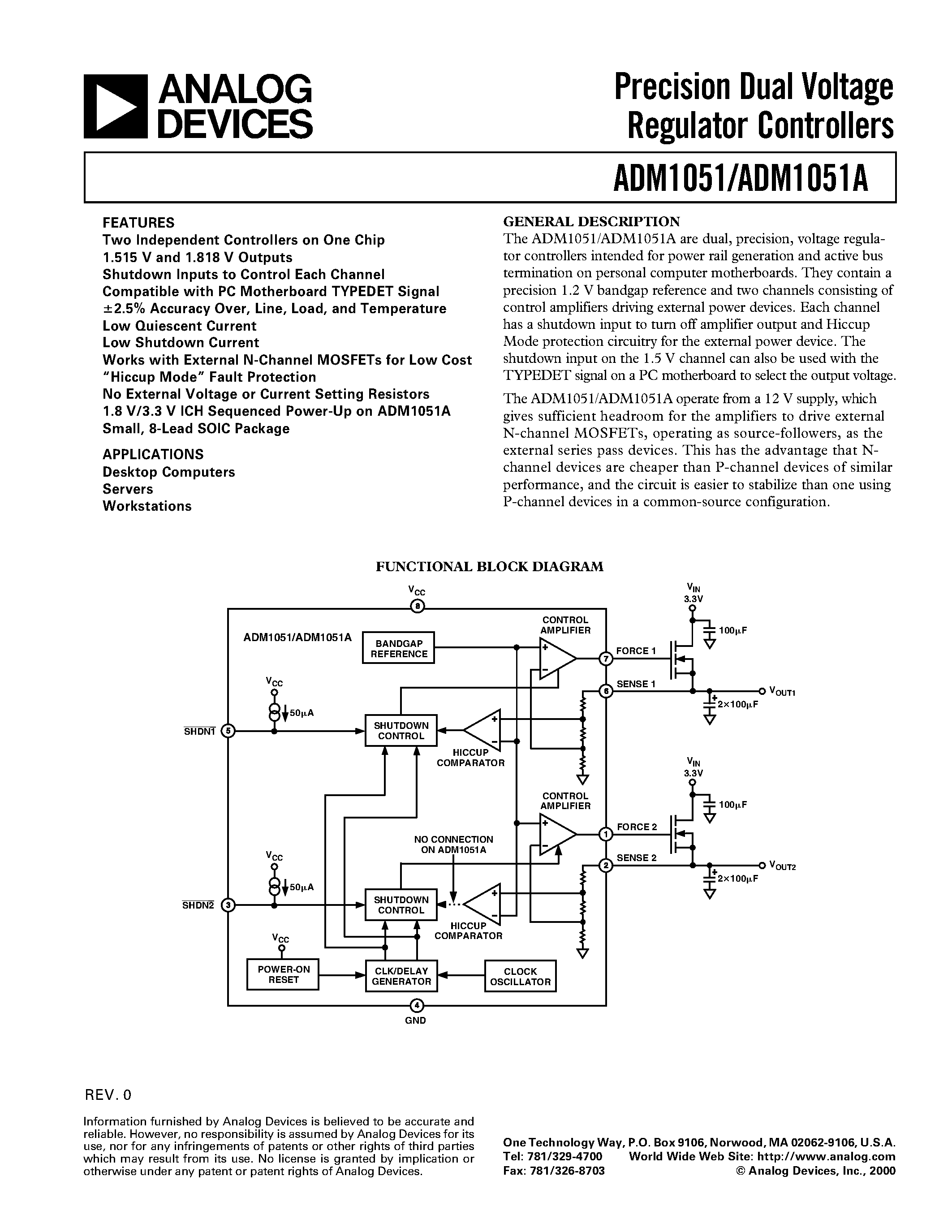 Datasheet ADM1051A page 1 Datasheet ADM1051A - Precision Dual Voltage Regulator Controllers page 1
