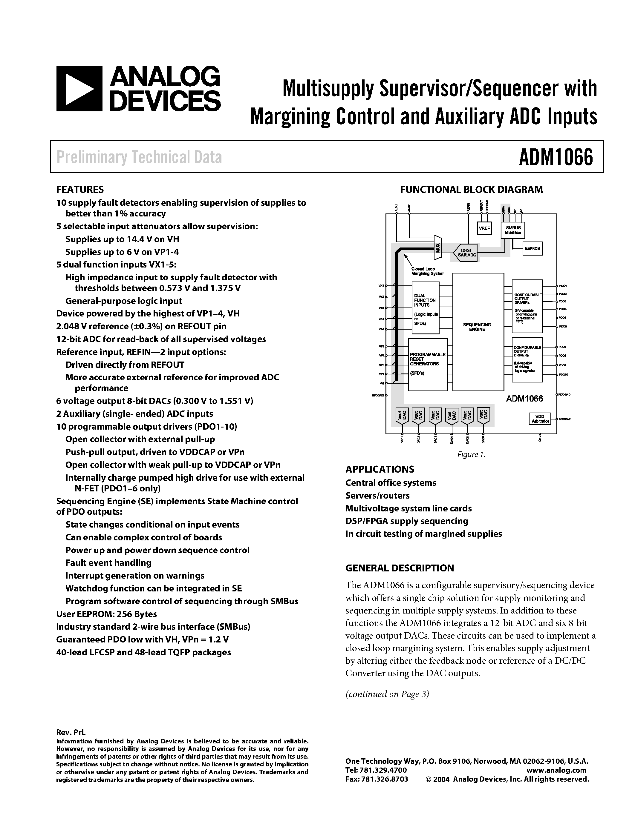 Datasheet ADM1066 page 1 Datasheet ADM1066 - Multisupply Supervisor/Sequencer with Margining Control and Auxiliary ADC Inputs page 1