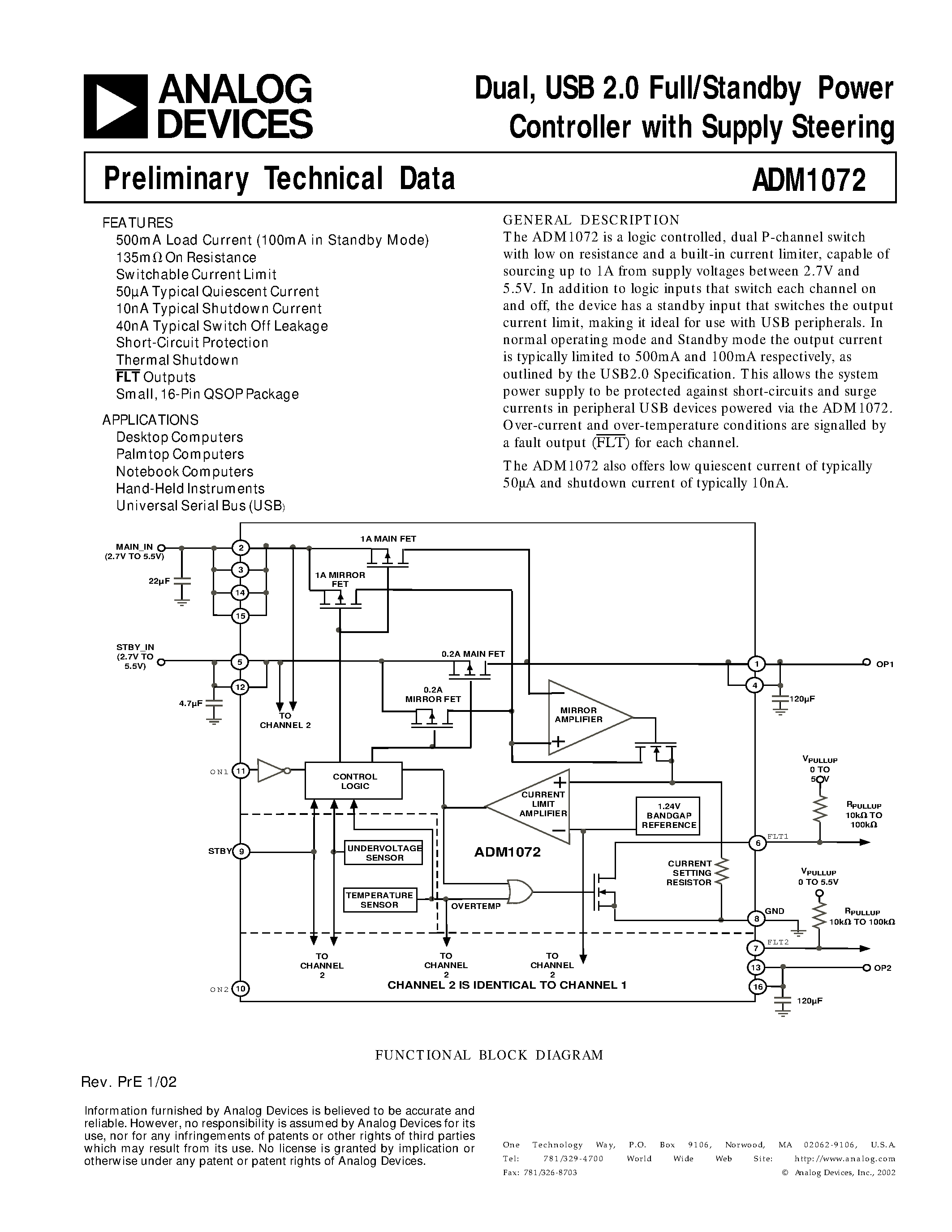 Datasheet ADM1072 page 1 Datasheet ADM1072 - Dual/ USB 2.0 Full/Standby Power Controller with Supply Steering page 1