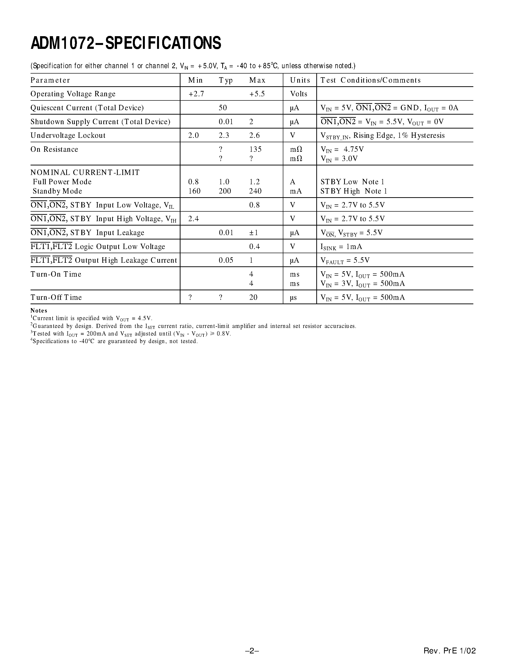 Datasheet ADM1072ARQ - Dual/ USB 2.0 Full/Standby Power Controller with Supply Steering page 2