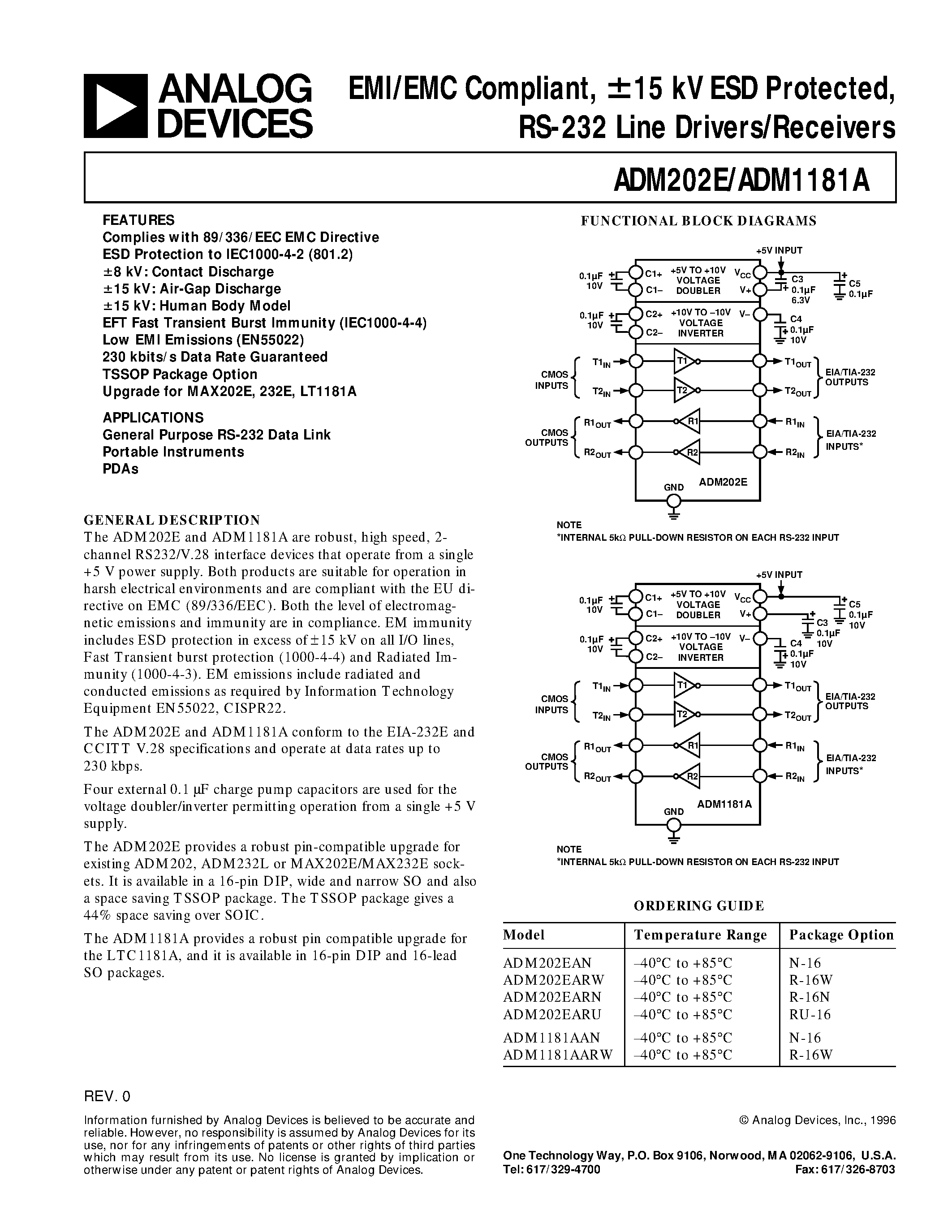 Datasheet ADM1181AAN page 1 Datasheet ADM1181AAN - EMI/EMC Compliant/ +-15 kV ESD Protected/ RS-232 Line Drivers/Receivers page 1