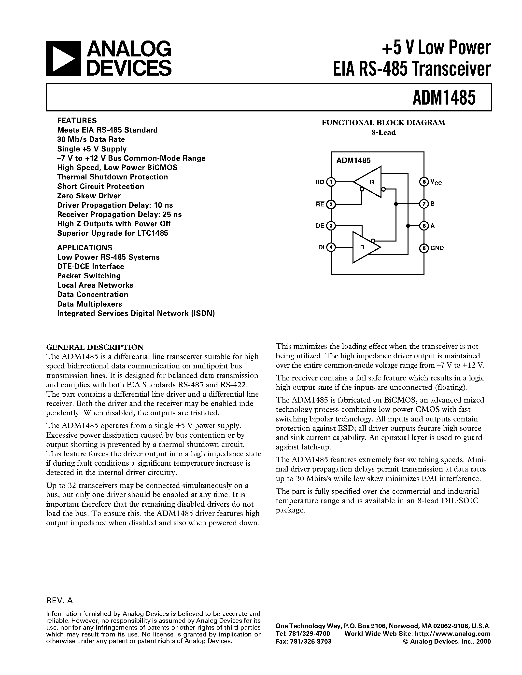 Datasheet ADM1485 - +-5 V Low Power EIA RS-485 Transceiver page 1
