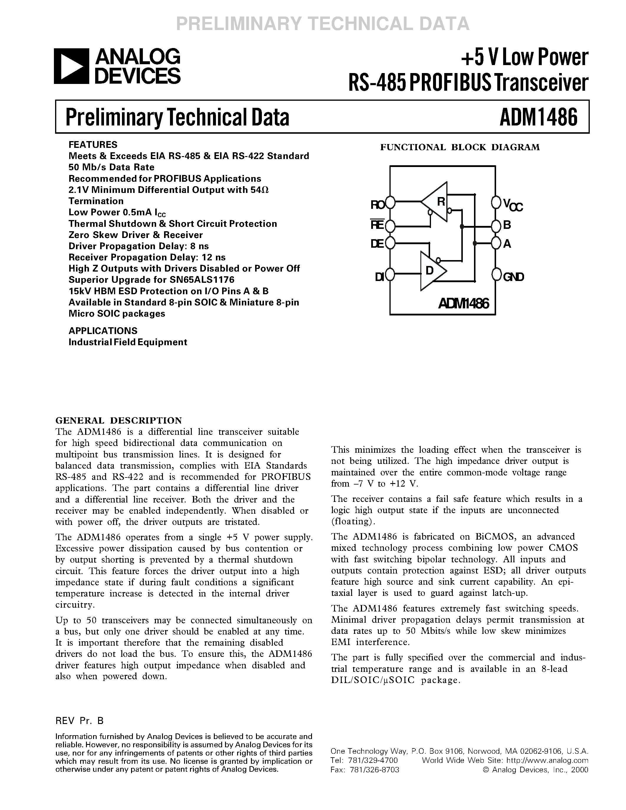 Datasheet ADM1486AN - +5 V Low Power RS-485 PROFIBUS Transceiver page 1