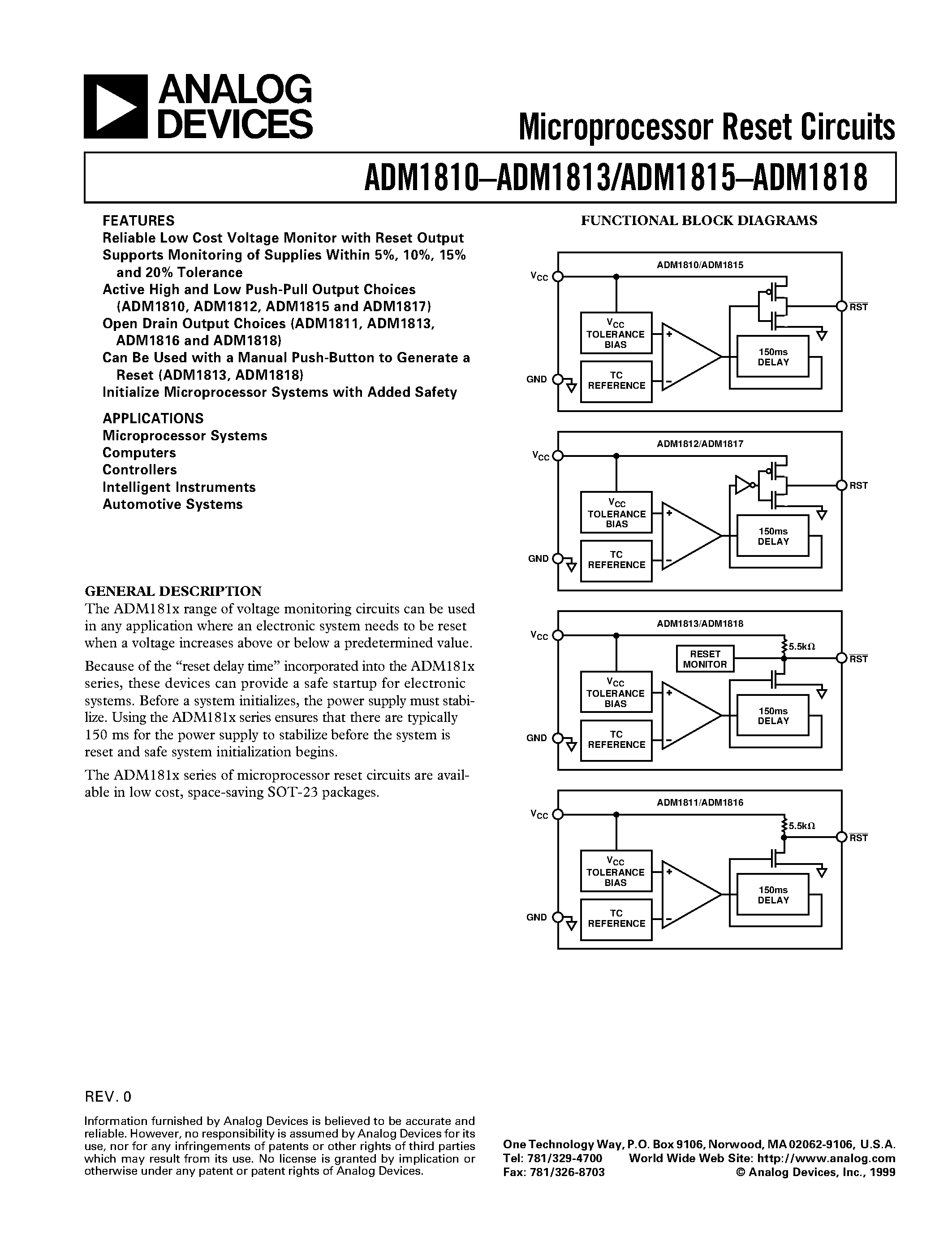 Datasheet ADM1811-15ART-RL7 page 1 Datasheet ADM1811-15ART-RL7 - Microprocessor Reset Circuits page 1