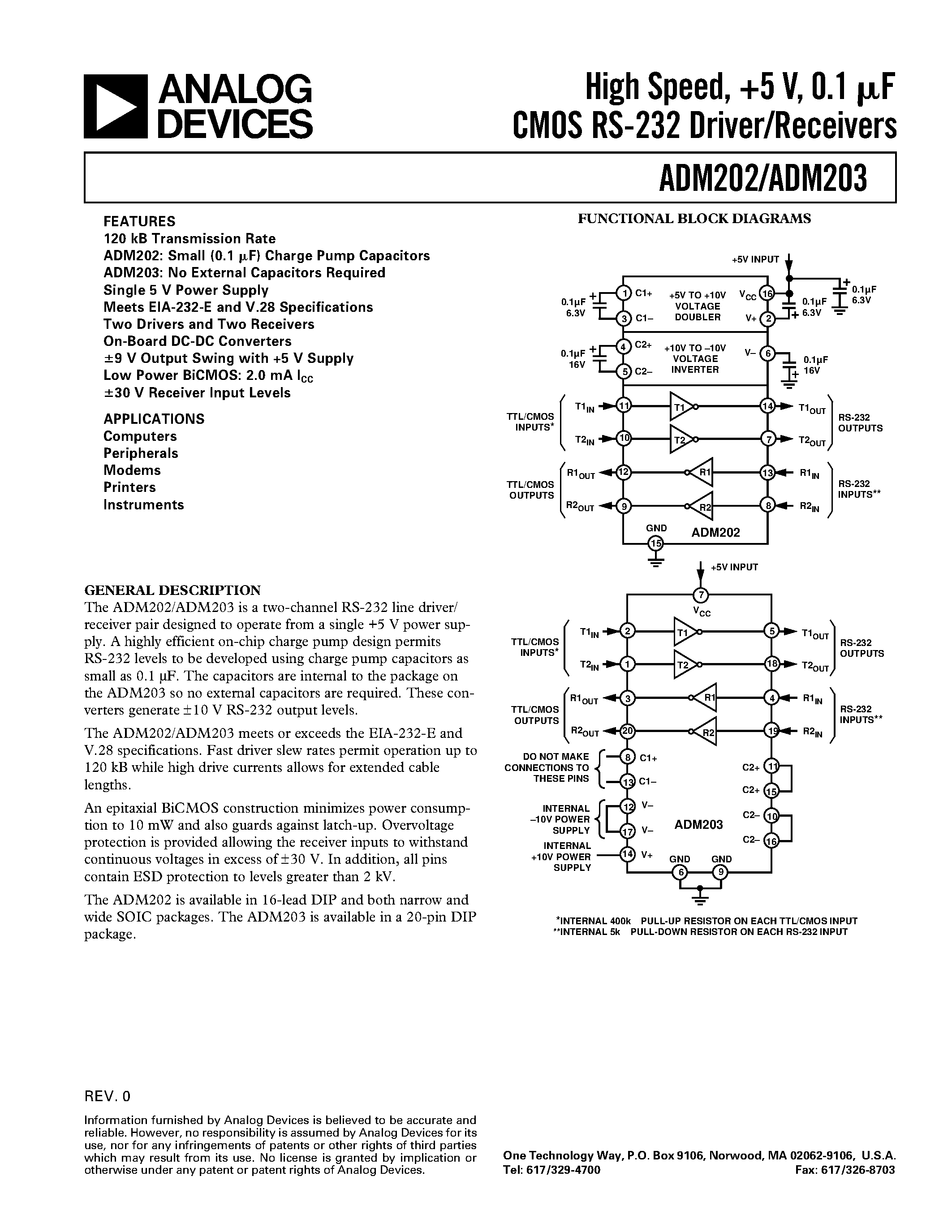Datasheet ADM203 page 1 Datasheet ADM203 - High Speed/ +5 V/ 0.1 uF CMOS RS-232 Driver/Receivers page 1