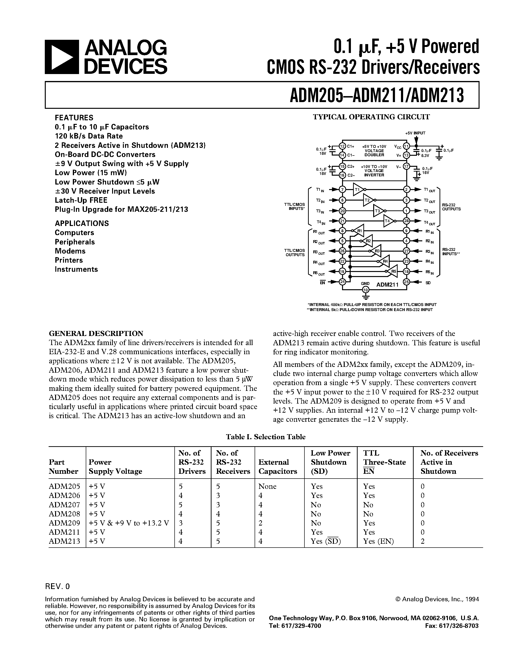 Datasheet ADM205 - 0.1 uF/ +5 V Powered CMOS RS-232 Drivers/Receivers page 1