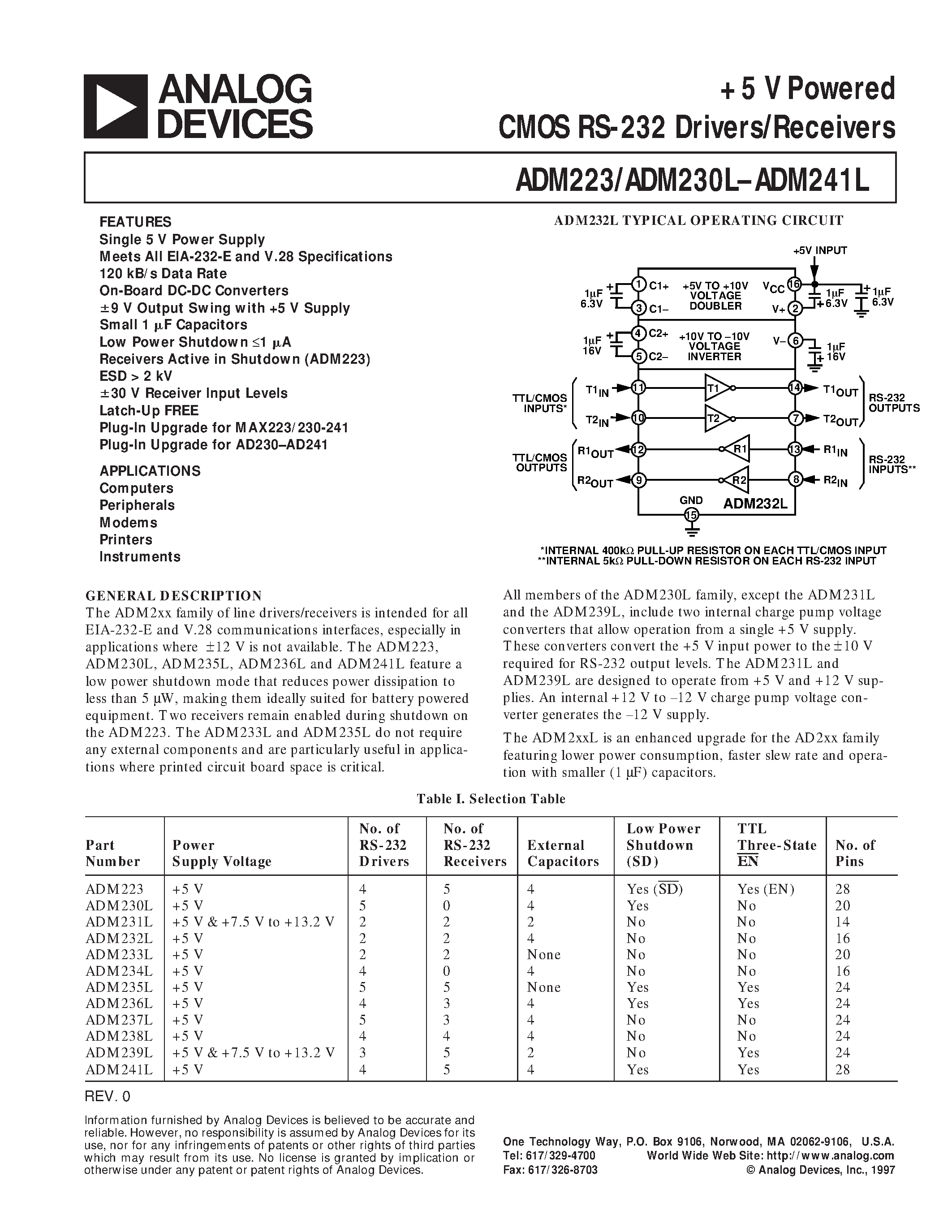 Datasheet ADM238LAR - +5 V Powered CMOS RS-232 Drivers/Receivers page 1