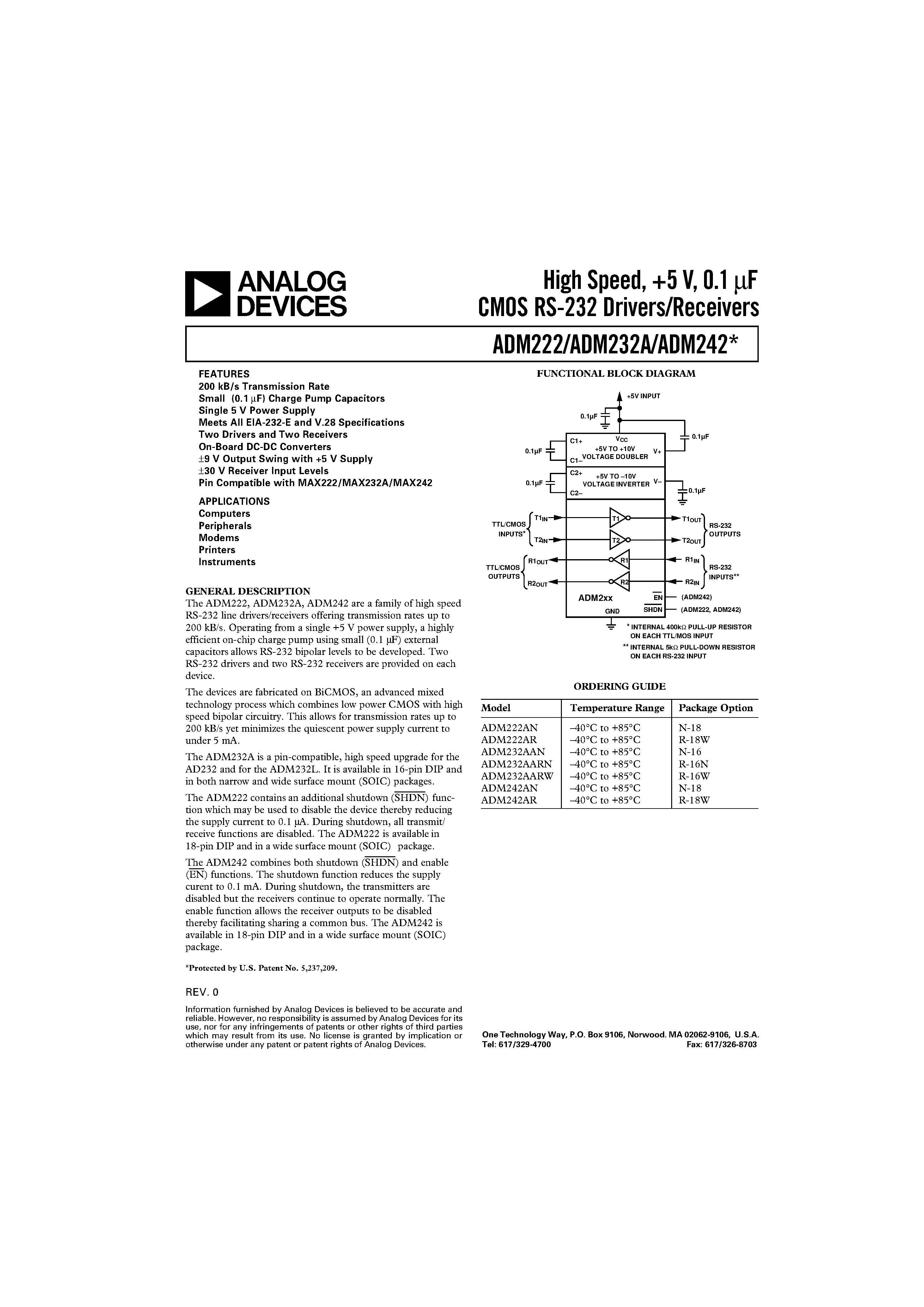 Datasheet ADM242AN - High Speed/ +5 V/ 0.1 uF CMOS RS-232 Drivers/Receivers page 1