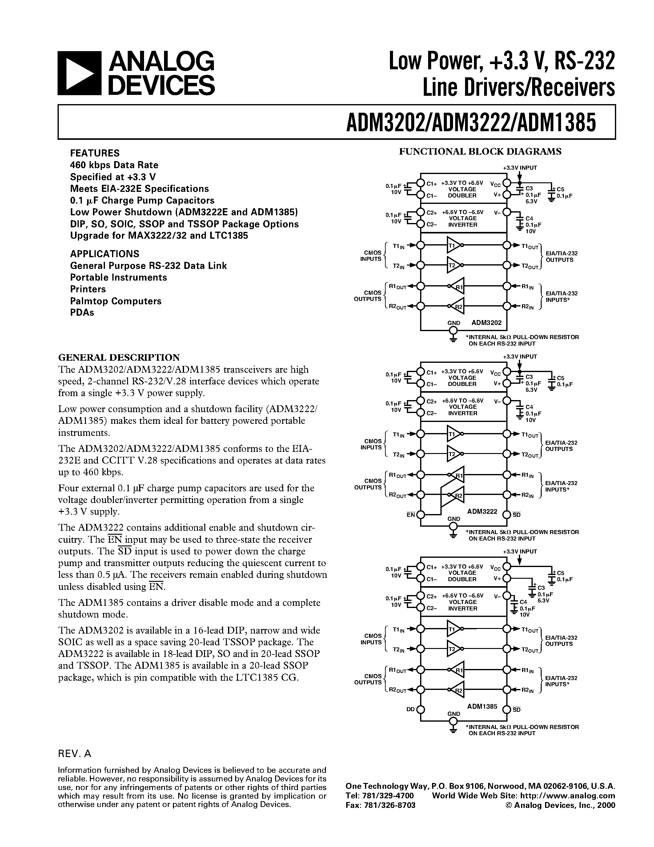 Datasheet ADM3222ARS - Low Power/ +3.3 V/ RS-232 Line Drivers/Receivers page 1