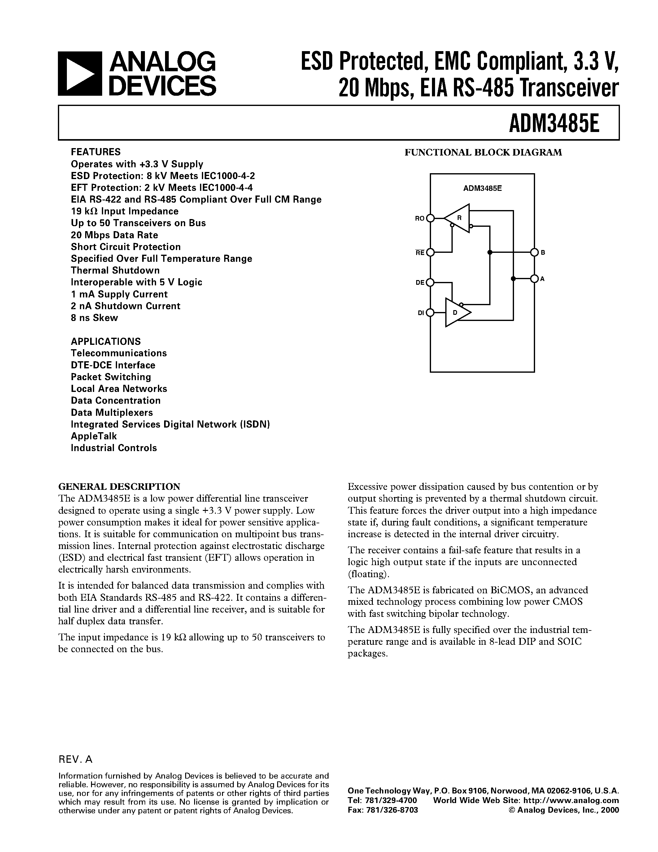 Datasheet ADM3485EAN - ESD Protected/ EMC Compliant/ 3.3 V/ 20 Mbps/ EIA RS-485 Transceiver page 1