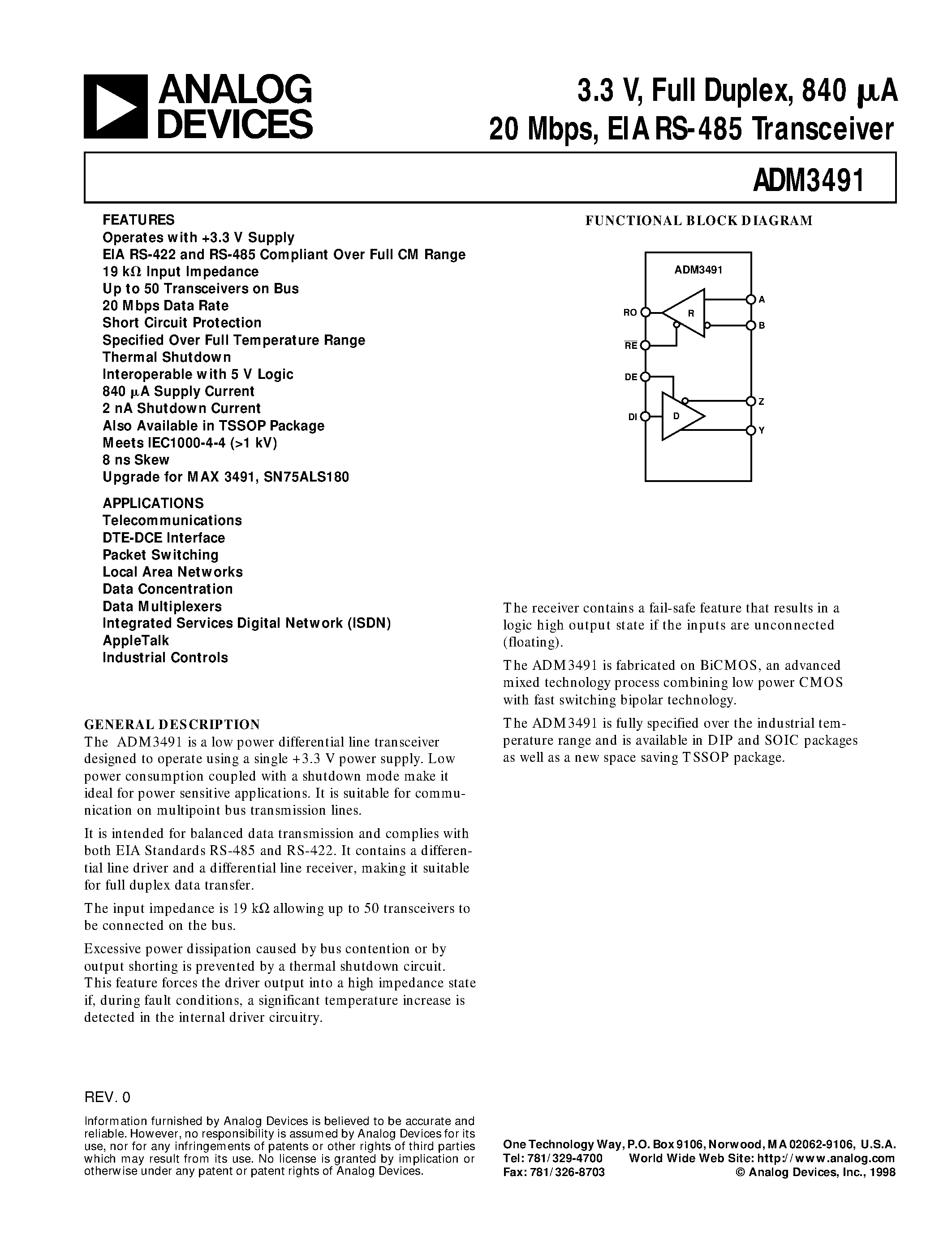 Datasheet ADM3491AR - 3.3 V/ Full Duplex/ 840 uA 20 Mbps/ EIA RS-485 Transceiver page 1