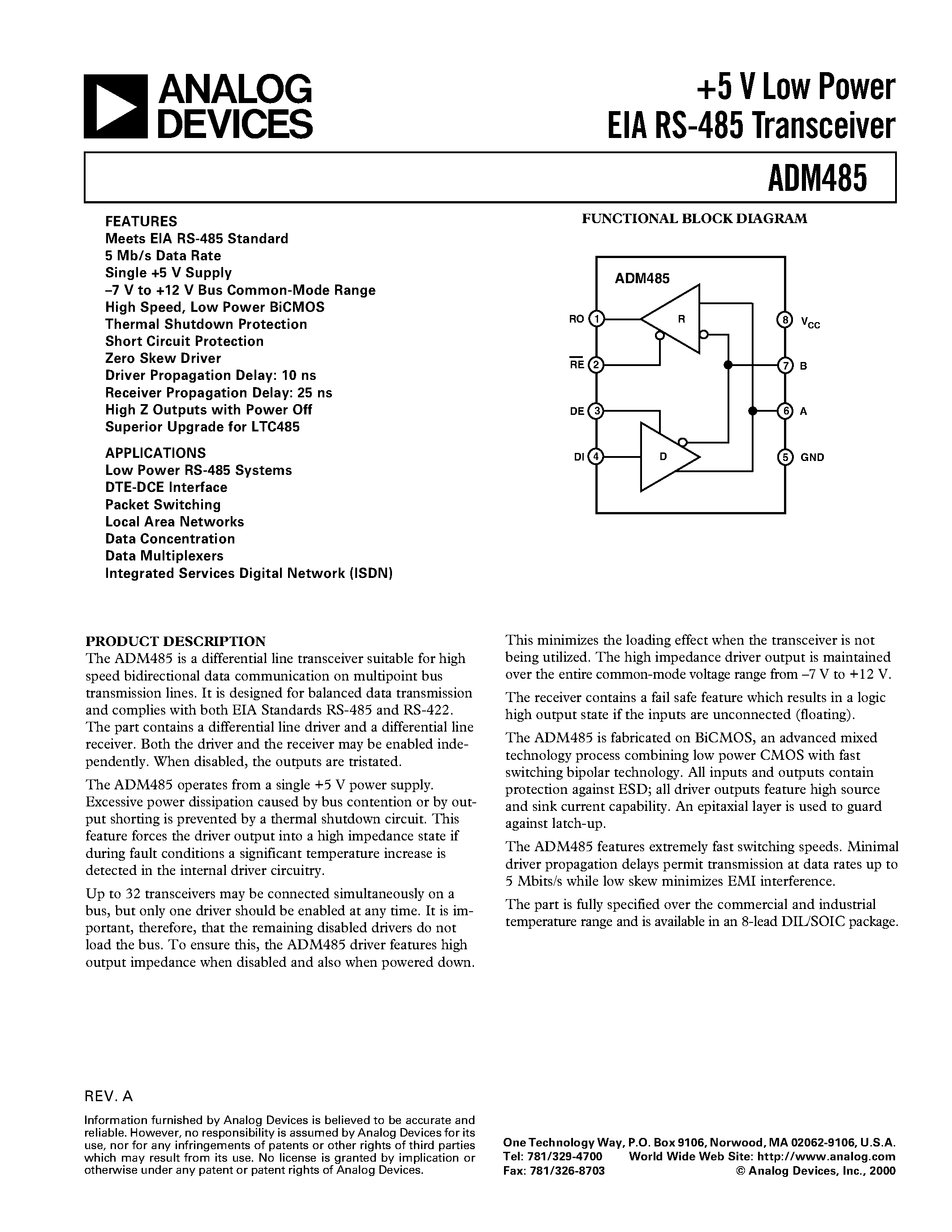 Datasheet ADM485AQ - +5 V Low Power EIA RS-485 Transceiver page 1