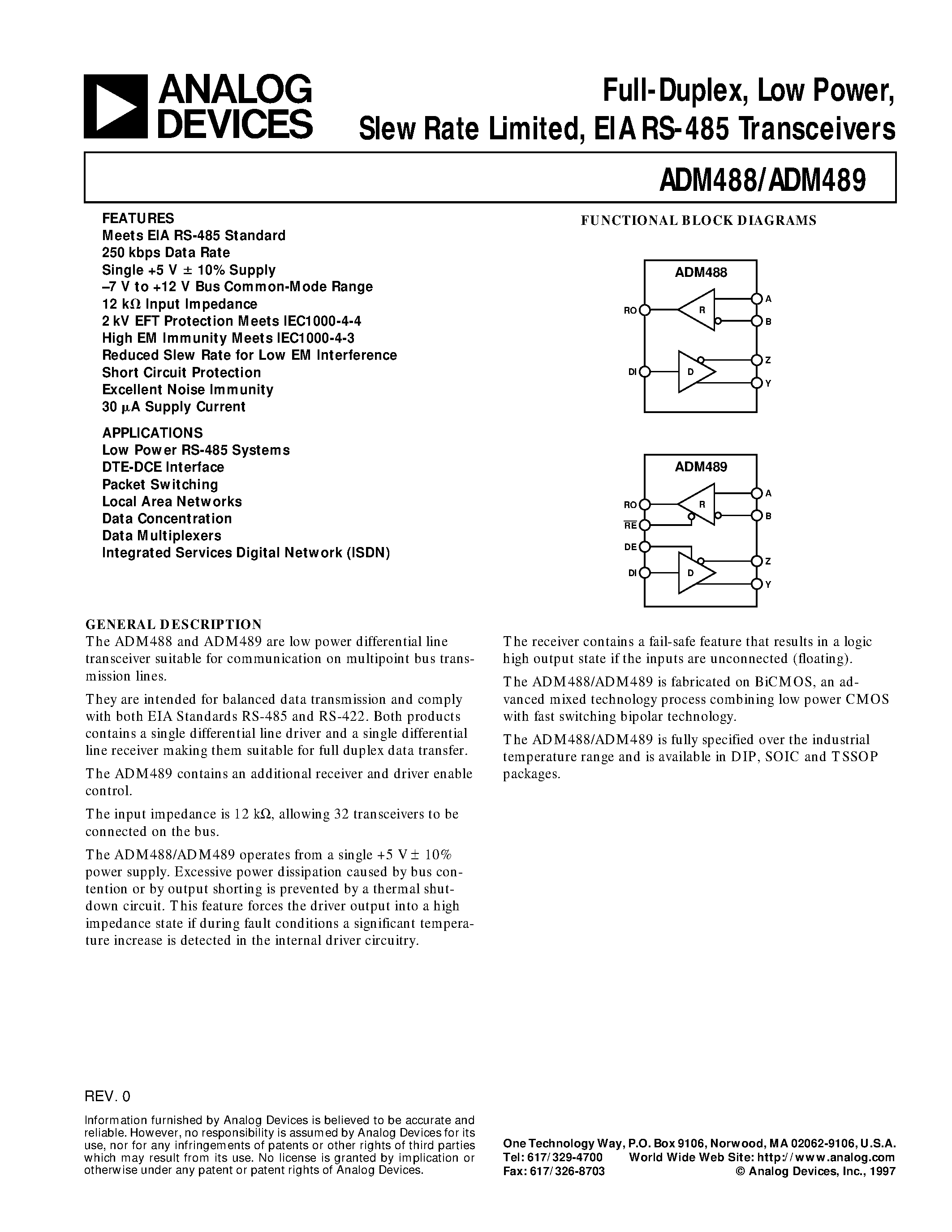 Datasheet ADM489AR - Full-Duplex/ Low Power/ Slew Rate Limited/ EIA RS-485 Transceivers page 1