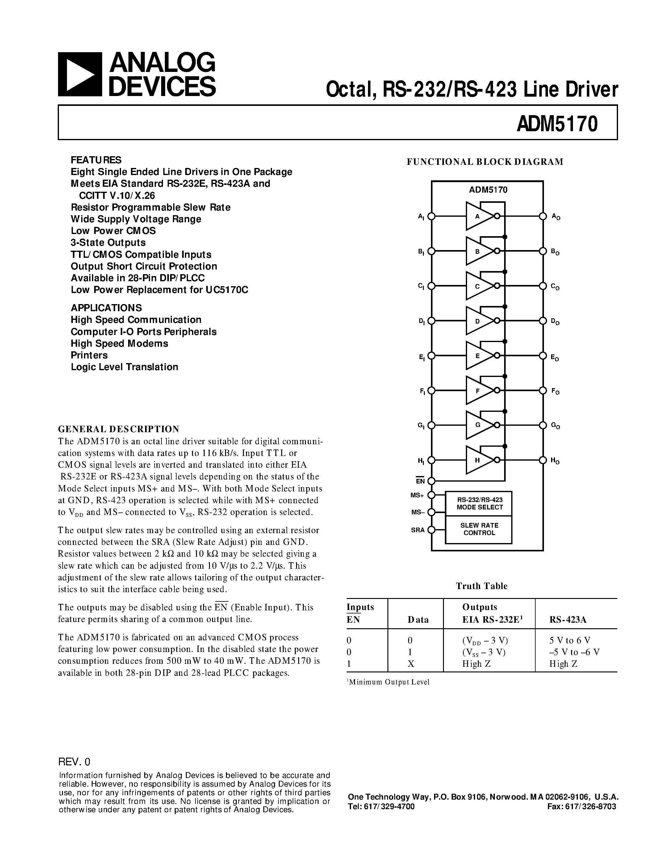 Datasheet ADM5170AP page 1 Datasheet ADM5170AP - Octal/ RS-232/RS-423 Line Driver page 1