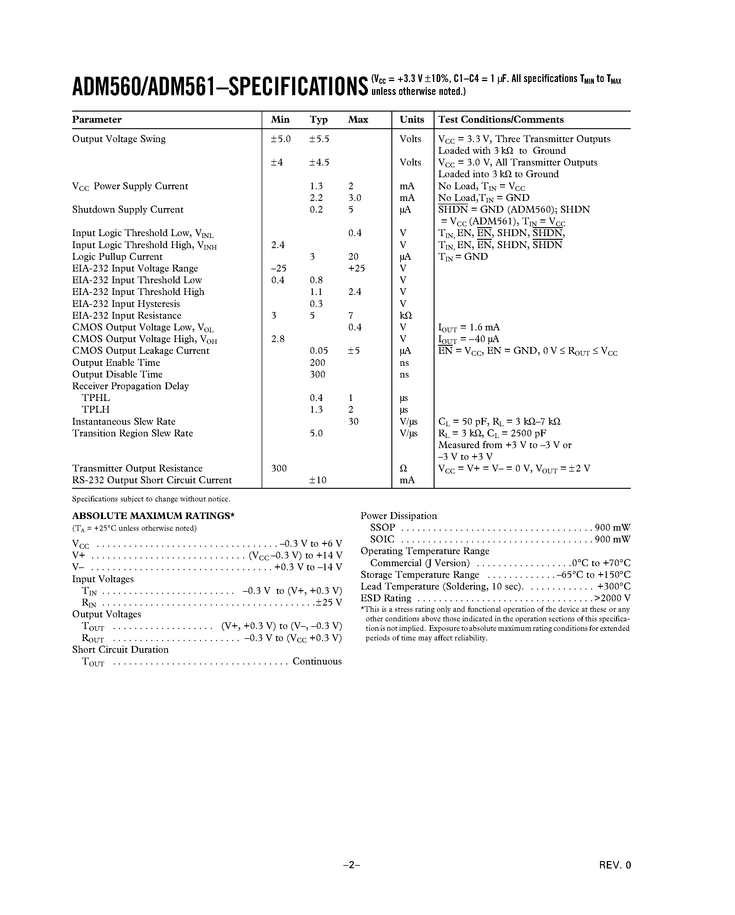 Datasheet ADM560JR page 2 Datasheet ADM560JR - Ultralow Power/ +3.3 V/ RS-232 Notebook PC Serial Port Drivers/Receivers page 2