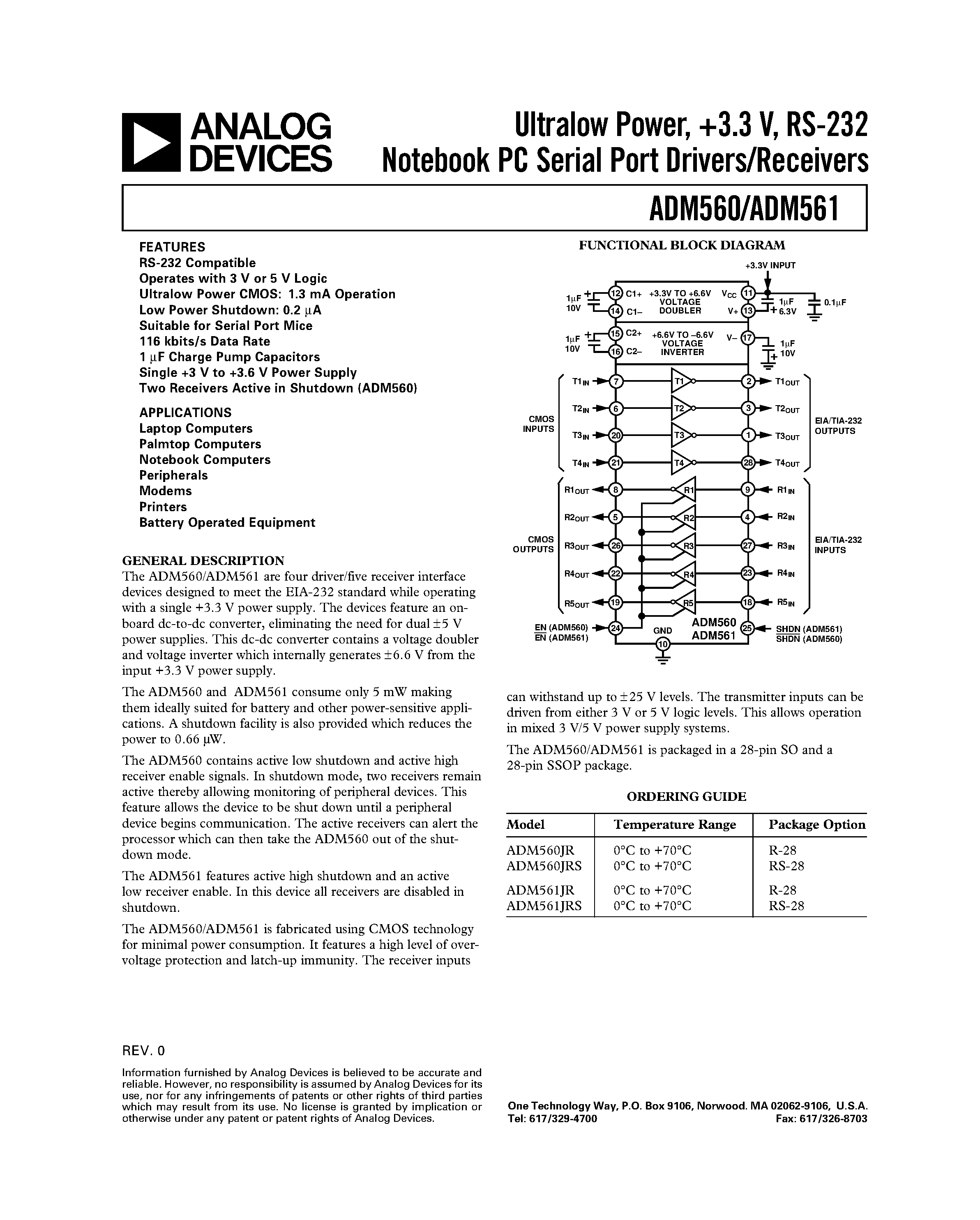 Datasheet ADM560JRS page 1 Datasheet ADM560JRS - Ultralow Power/ +3.3 V/ RS-232 Notebook PC Serial Port Drivers/Receivers page 1
